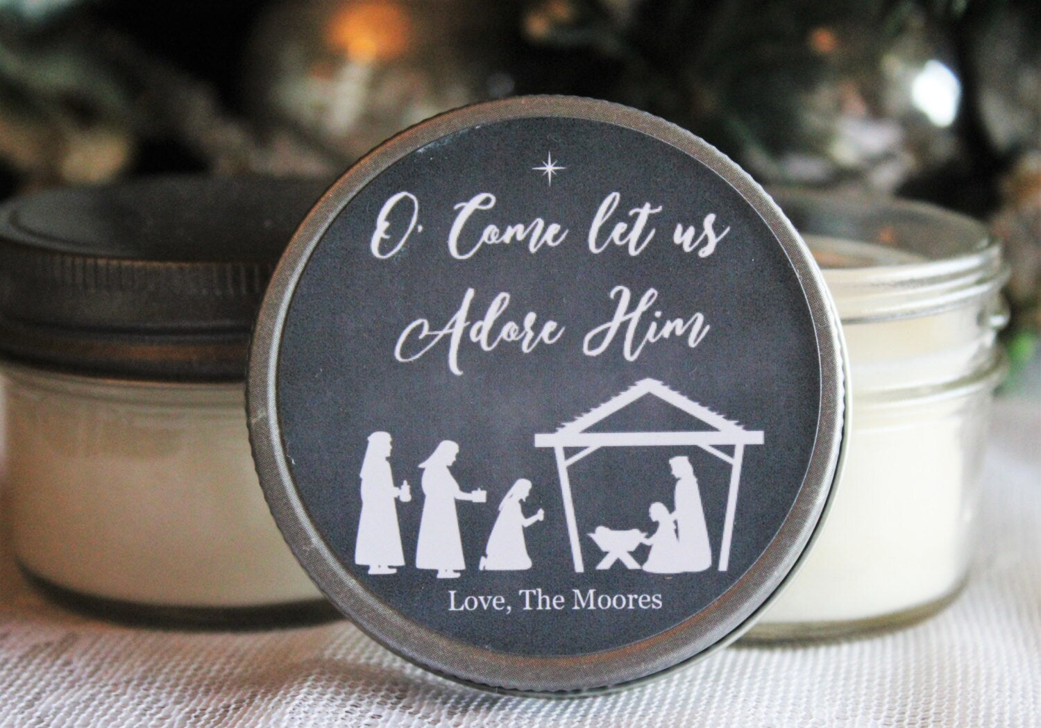 Nativity / Holiday Candle Favor / O Come Let us Adore Him / Personalized 4 oz. Soy Candle Favors / Christmas Card / Christmas Favor