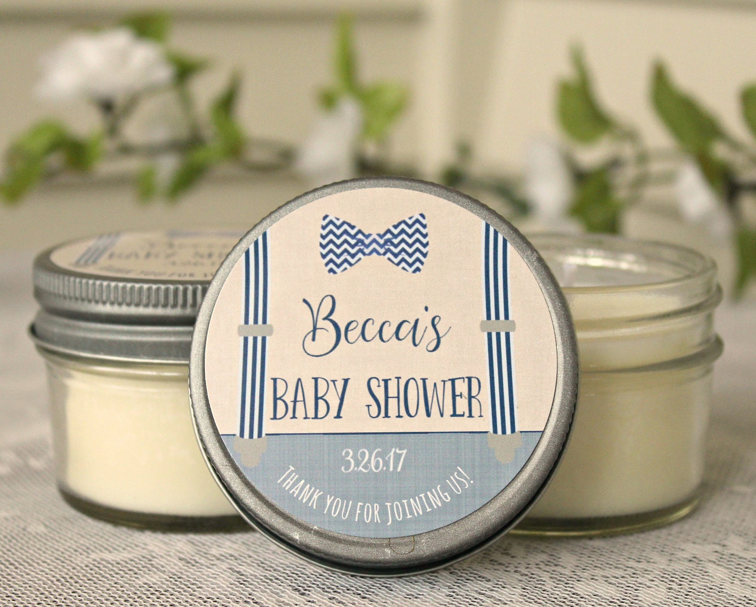 Little Man Baby Shower / Baby Boy Shower Favor / Personalized 4 oz. Soy Candle or Sugar Scrub Favors / Tie & Suspenders Baby Shower
