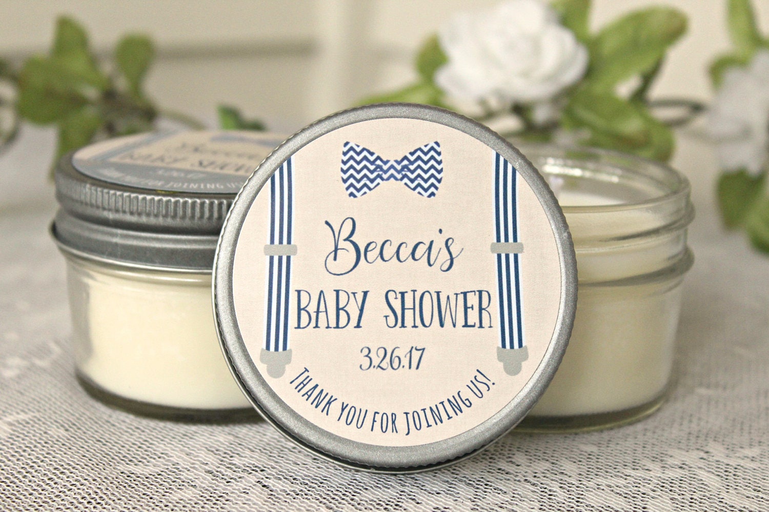 Little Man Baby Shower / Baby Boy Shower Favor / Personalized 4 oz. Soy Candle or Sugar Scrub Favors / Tie & Suspenders Baby Shower