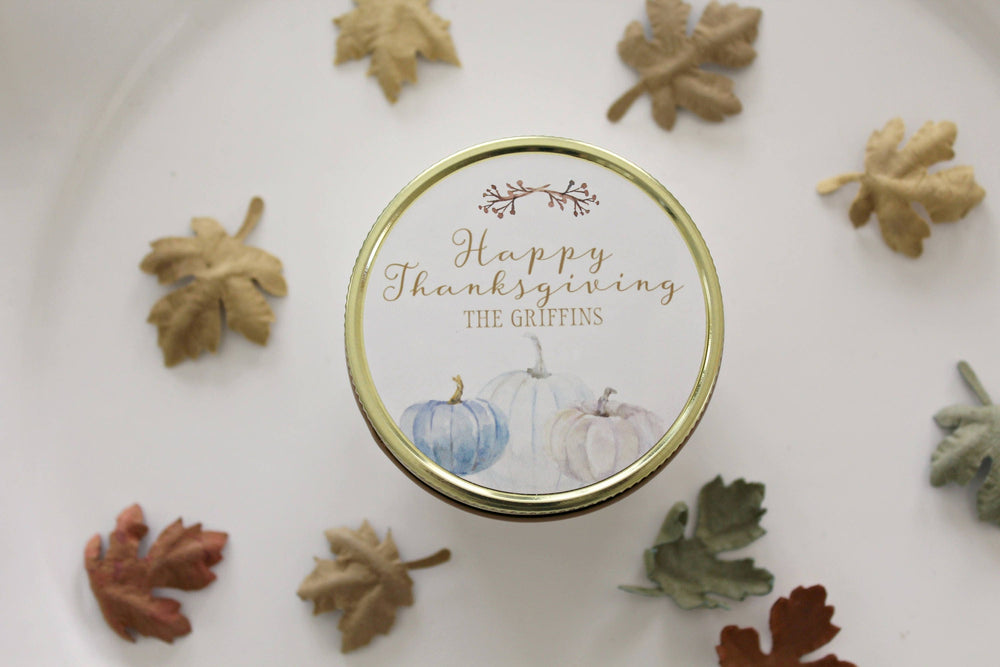 Thanksgiving Table / Gold Thanksgiving Decor / Personalized 4oz Thanksgiving Favor Candles / Thanksgiving Gift/ Holiday Favor/ White Pumpkin