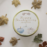 Thanksgiving Table / Gold Thanksgiving Decor / Personalized 4oz Thanksgiving Favor Candles / Thanksgiving Gift/ Holiday Favor/ White Pumpkin