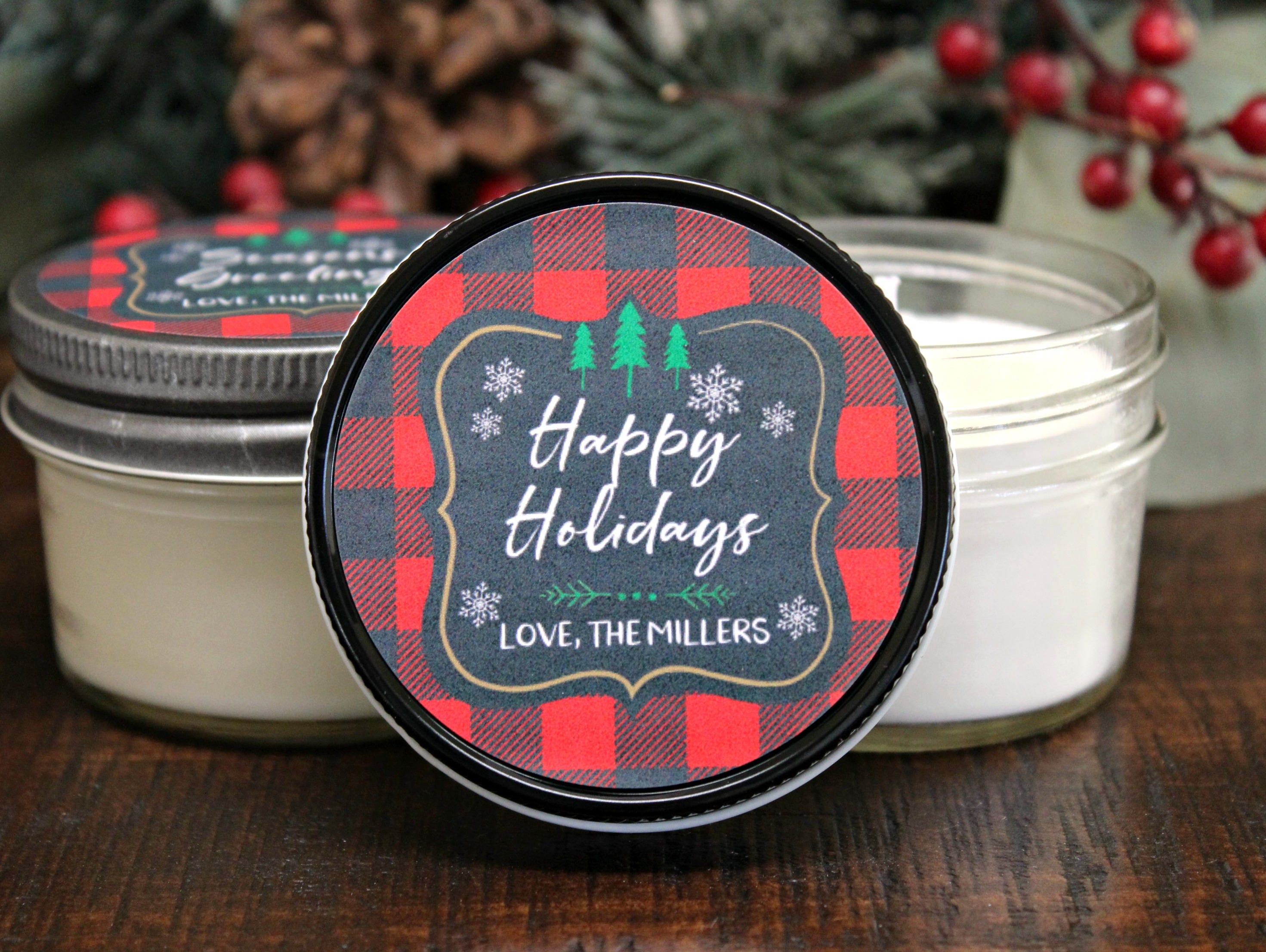 Buffalo Plaid Christmas Gift / Christmas Favor / Personalized 4 oz. Holiday Favor Candle / Rustic Christmas Candle / Christmas Party Favor