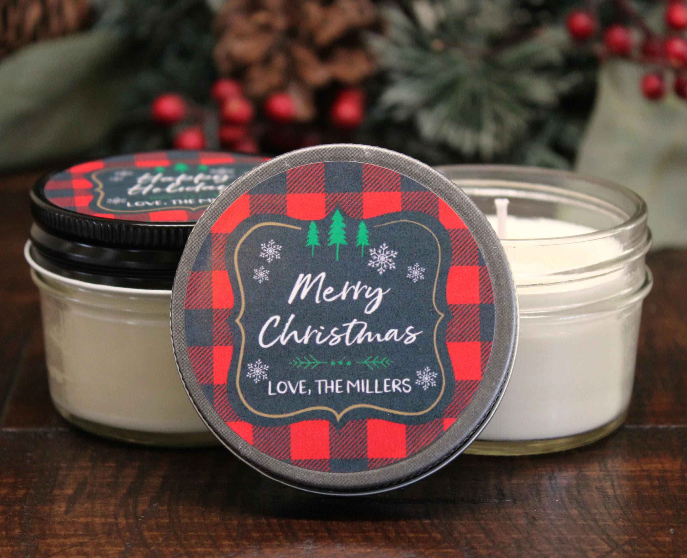 Buffalo Plaid Christmas Gift / Christmas Favor / Personalized 4 oz. Holiday Favor Candle / Rustic Christmas Candle / Christmas Party Favor