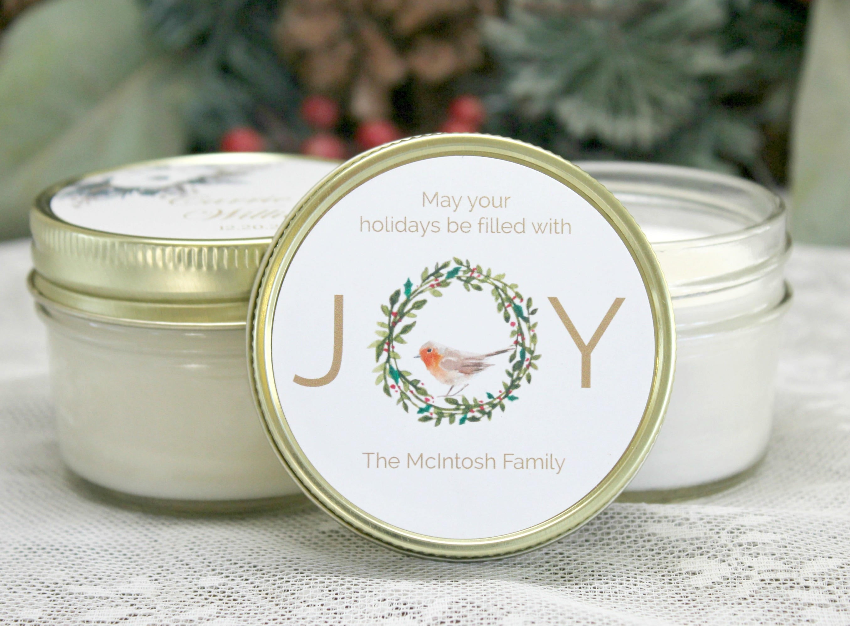 Personalized 4 oz. Holiday Favor Candles / Christmas Gift / Bulk Christmas Gift / Joy Christmas Gift / Christmas Party Favor