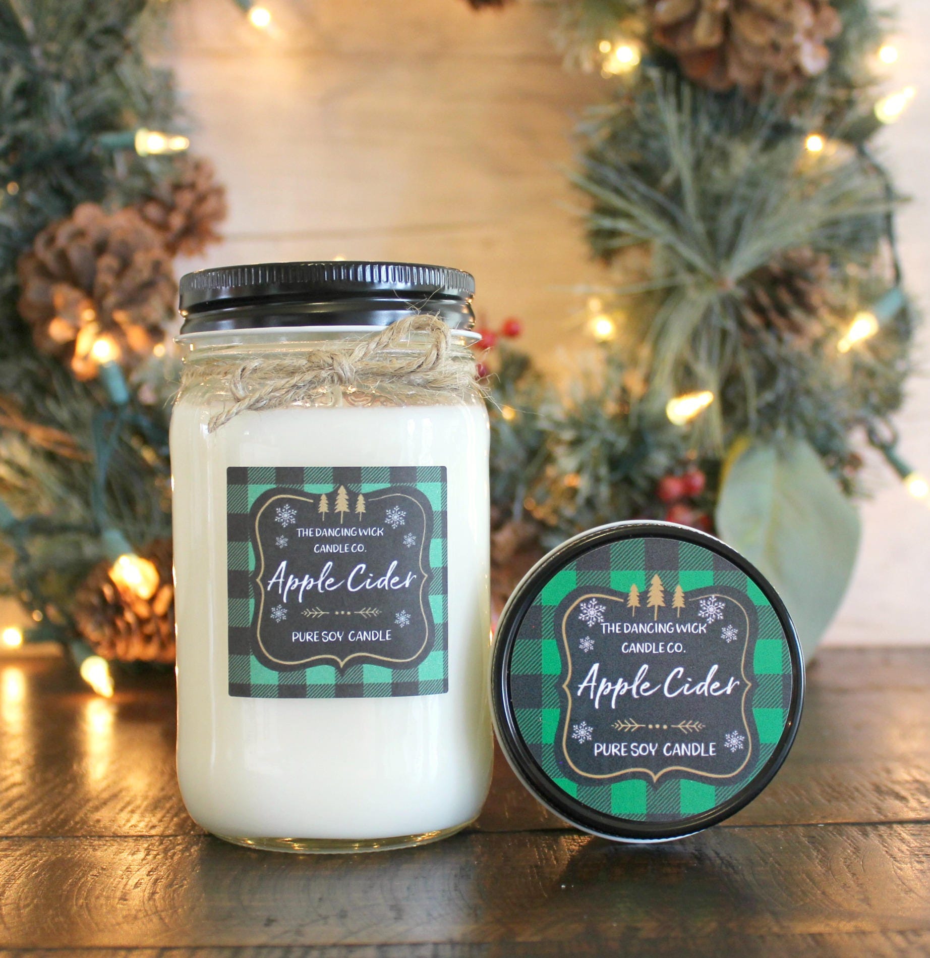 Apple Cider Soy Candle / Green Plaid Candle / Holiday Candle / Christmas Gift / Christmas Decor / Mason Jar Candle / Hand poured candle