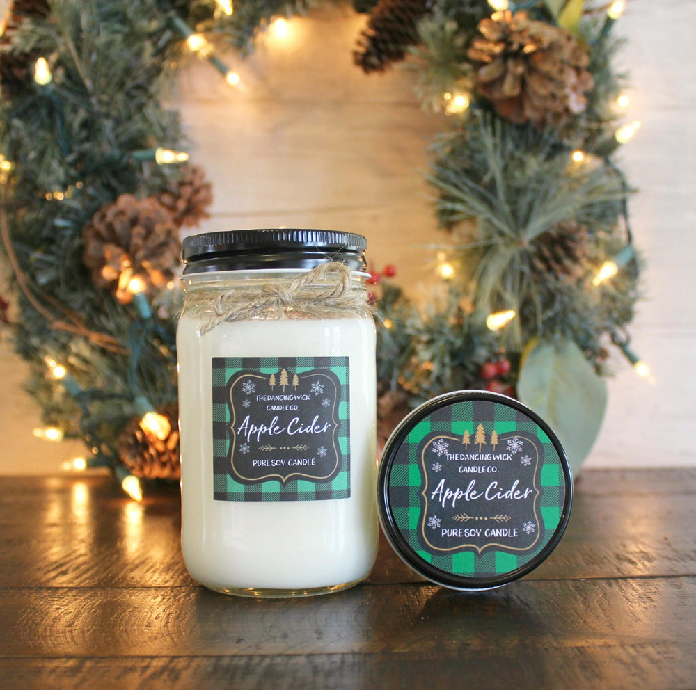 Apple Cider Soy Candle / Green Plaid Candle / Holiday Candle / Christmas Gift / Christmas Decor / Mason Jar Candle / Hand poured candle