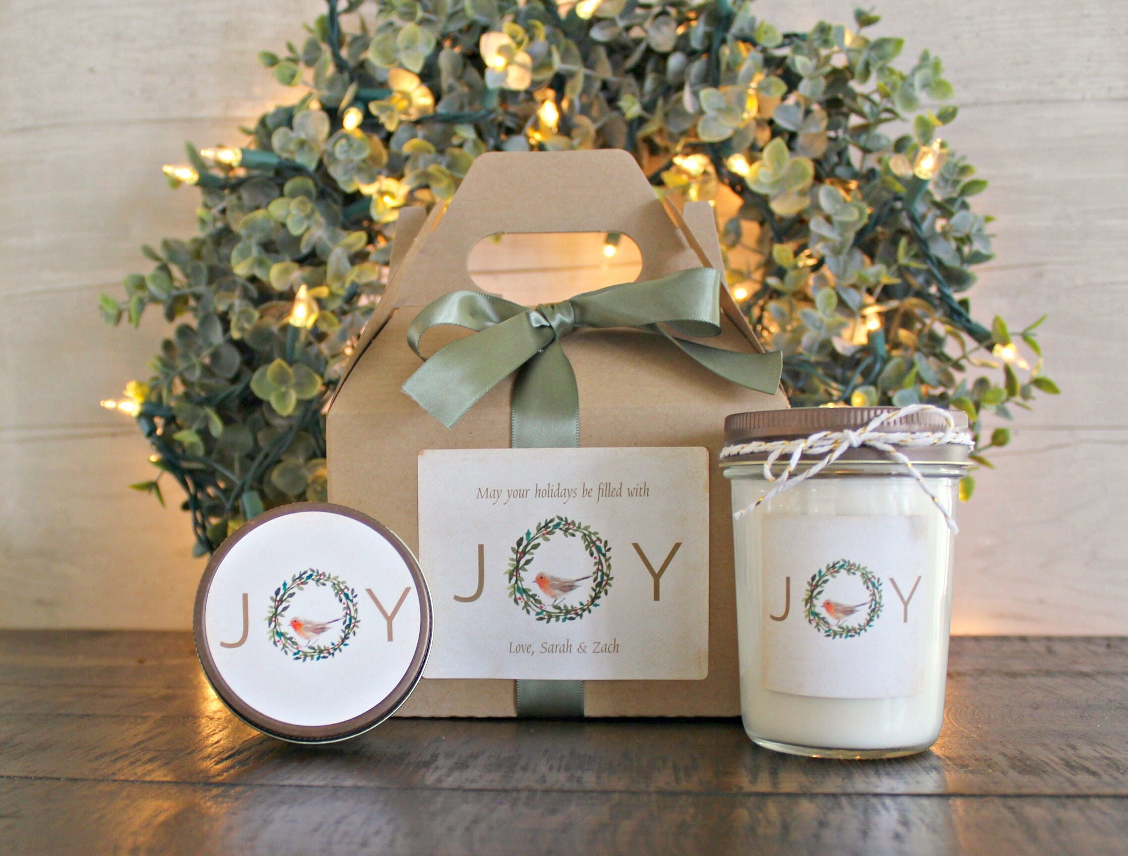 Holiday Spa Gift Set / Christmas Candle Gift Set / Joy Spa Gift Set / Christmas Wreath / Winter Bird Personalized Christmas Gift /