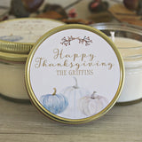 Thanksgiving Table / Gold Thanksgiving Decor / Personalized 4oz Thanksgiving Favor Candles / Thanksgiving Gift/ Holiday Favor/ White Pumpkin