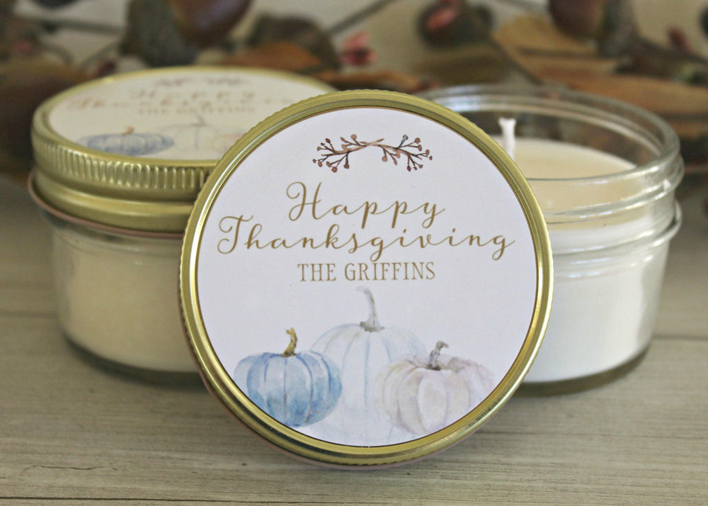 Thanksgiving Table / Gold Thanksgiving Decor / Personalized 4oz Thanksgiving Favor Candles / Thanksgiving Gift/ Holiday Favor/ White Pumpkin