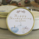 Thanksgiving Table / Gold Thanksgiving Decor / Personalized 4oz Thanksgiving Favor Candles / Thanksgiving Gift/ Holiday Favor/ White Pumpkin