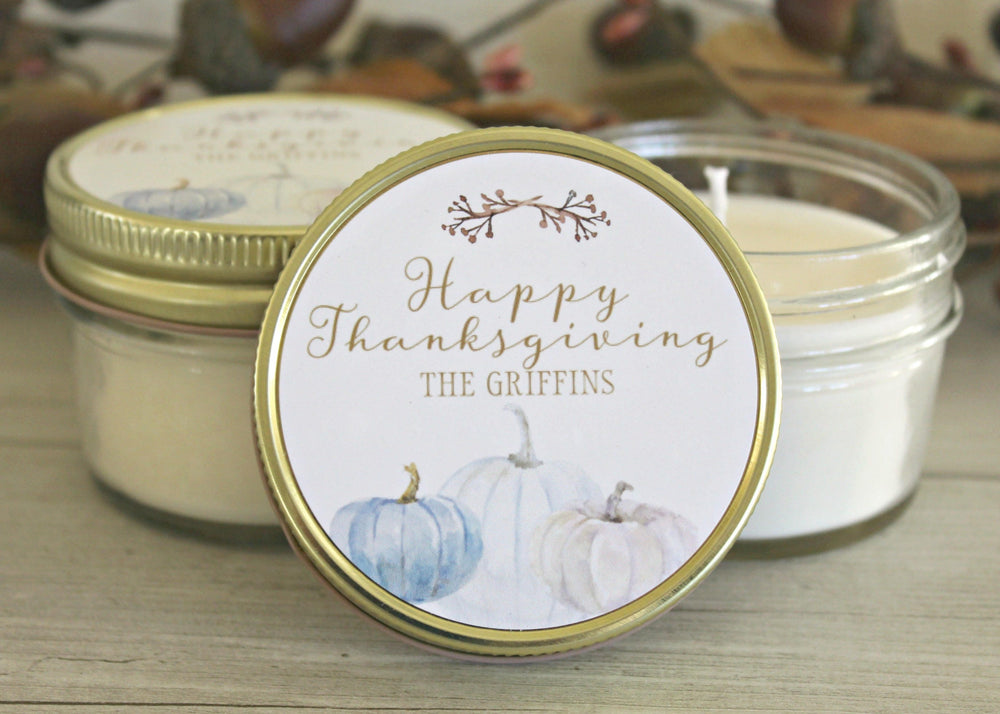 Thanksgiving Table / Gold Thanksgiving Decor / Personalized 4oz Thanksgiving Favor Candles / Thanksgiving Gift/ Holiday Favor/ White Pumpkin