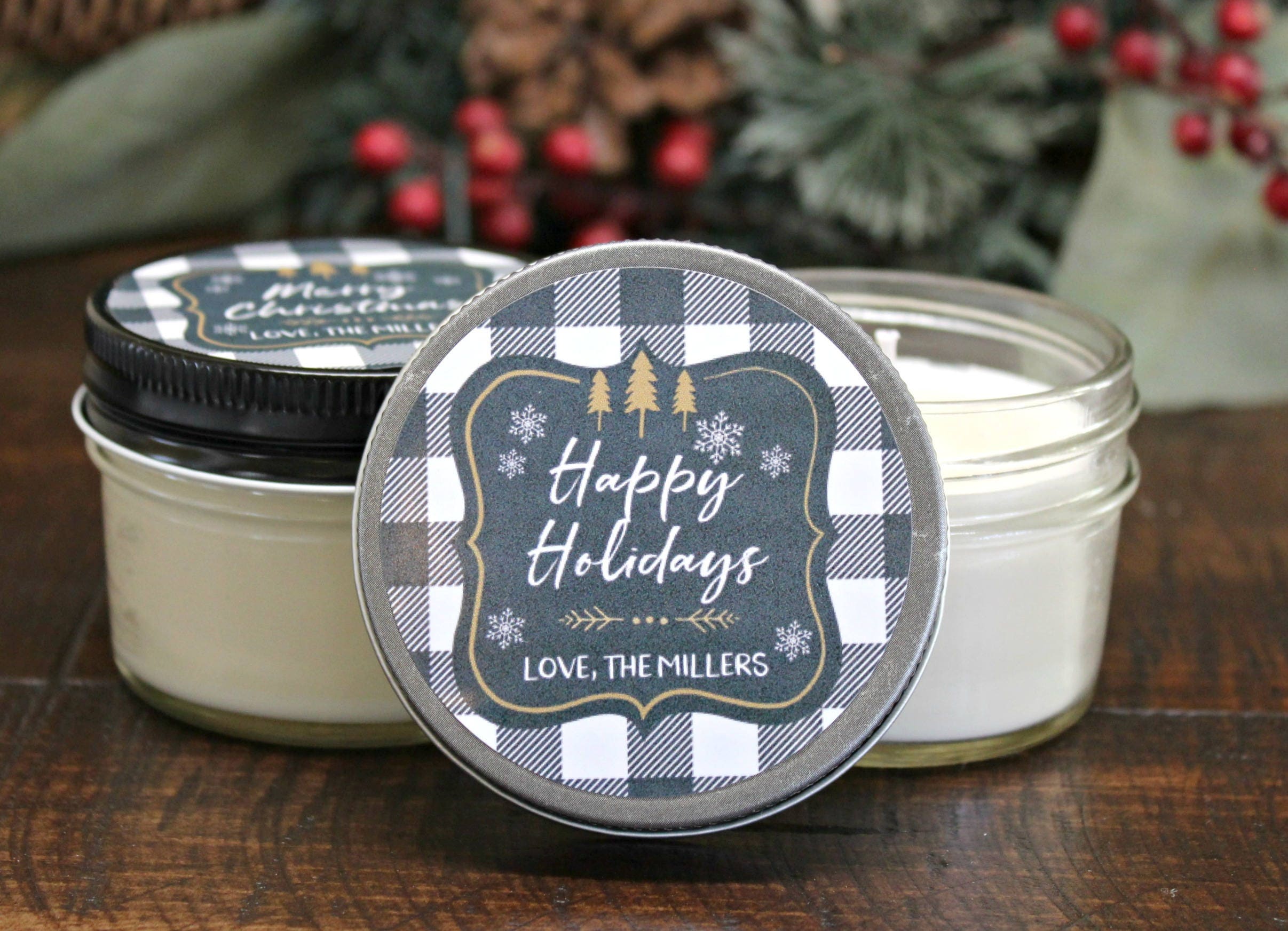 Buffalo Plaid Christmas Favor / Personalized 4 oz. Holiday Favor Candle//Christmas Candle / Farmhouse Decor / Christmas Party Favor