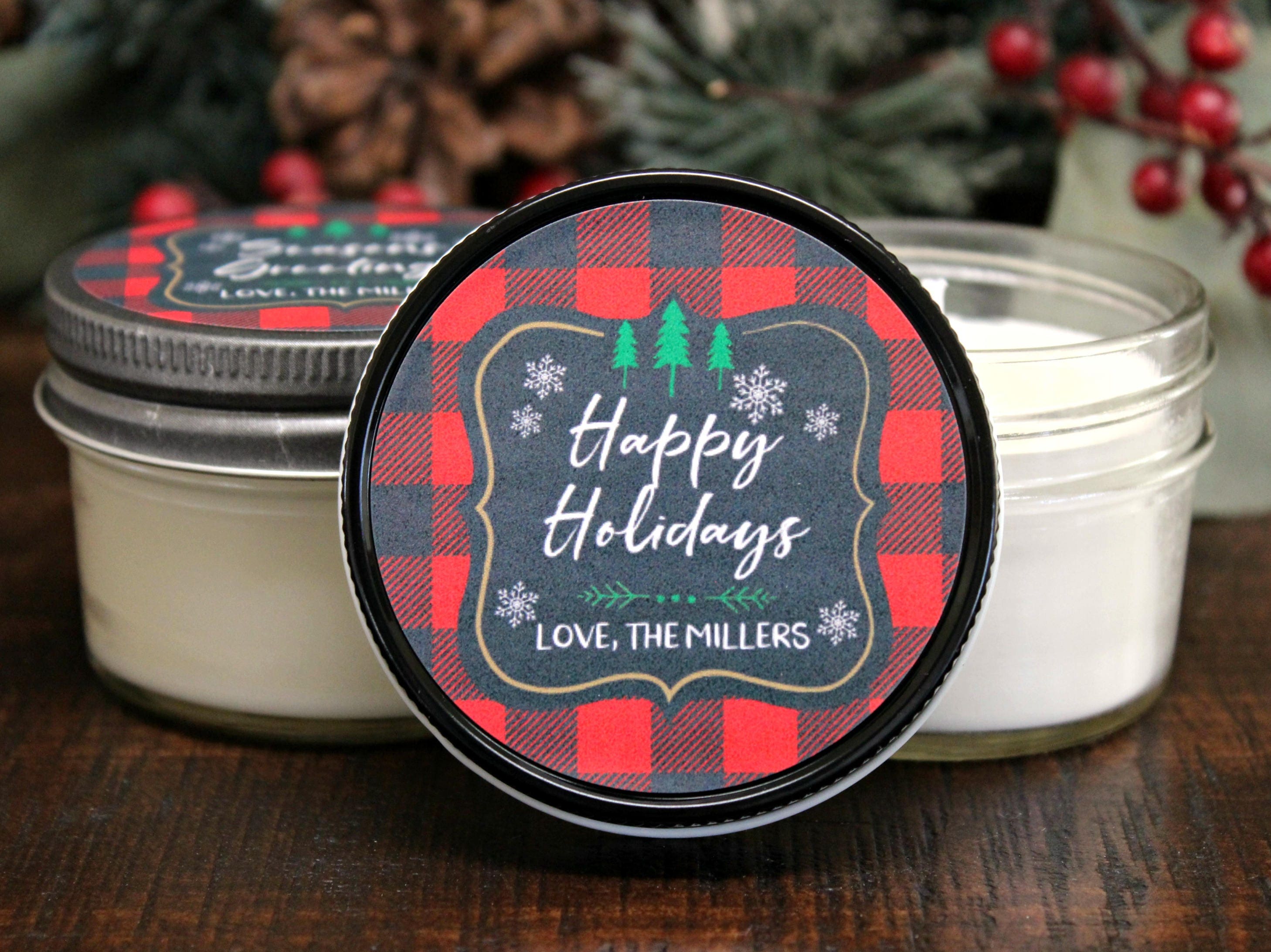 Buffalo Plaid Christmas Gift / Christmas Favor / Personalized 4 oz. Holiday Favor Candle / Rustic Christmas Candle / Christmas Party Favor