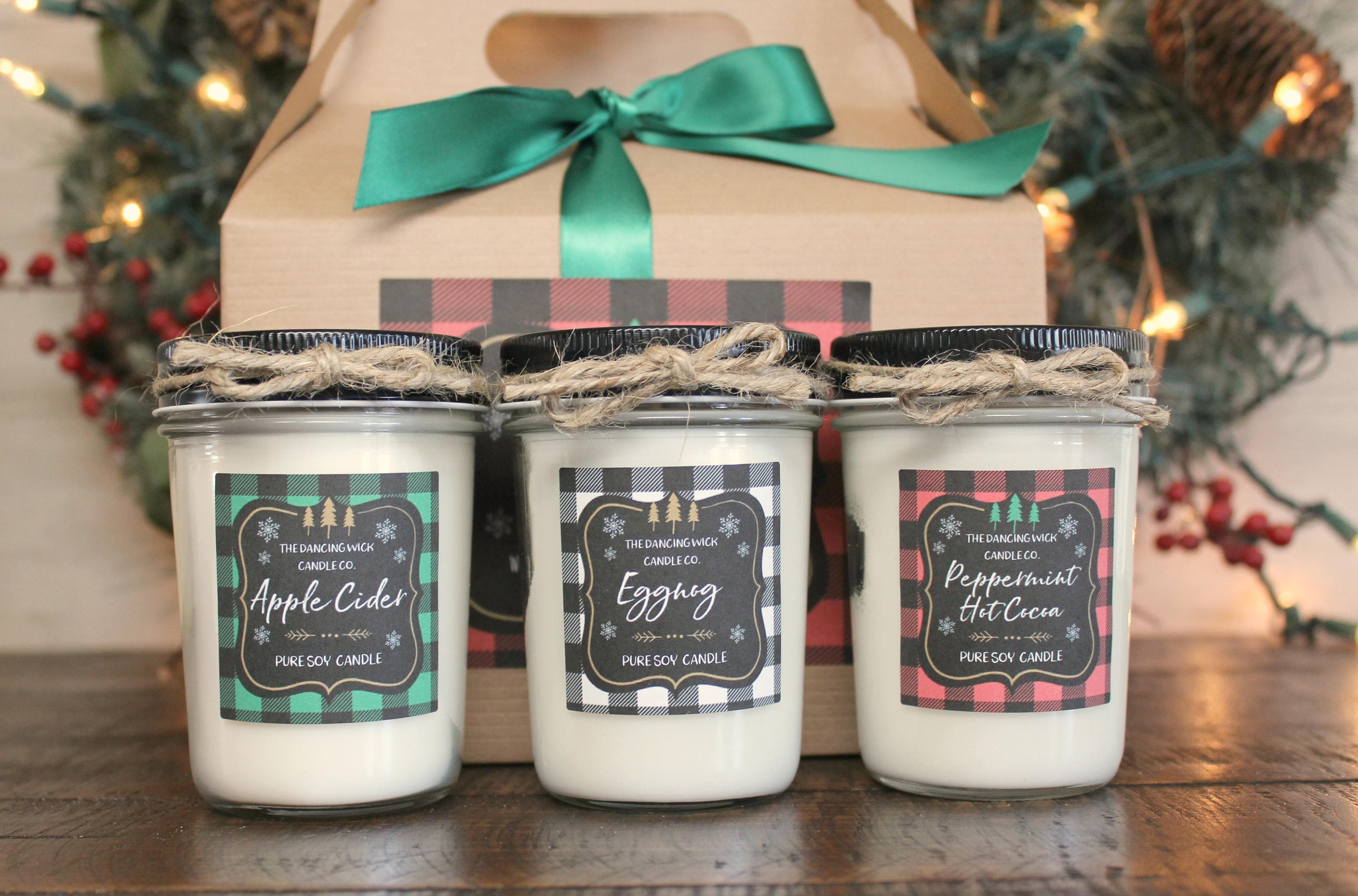 Buffalo Plaid Christmas Candle Gift Set / Holiday Candle Gift Set / Rustic Christmas Gift Set / Holiday Drink Candles