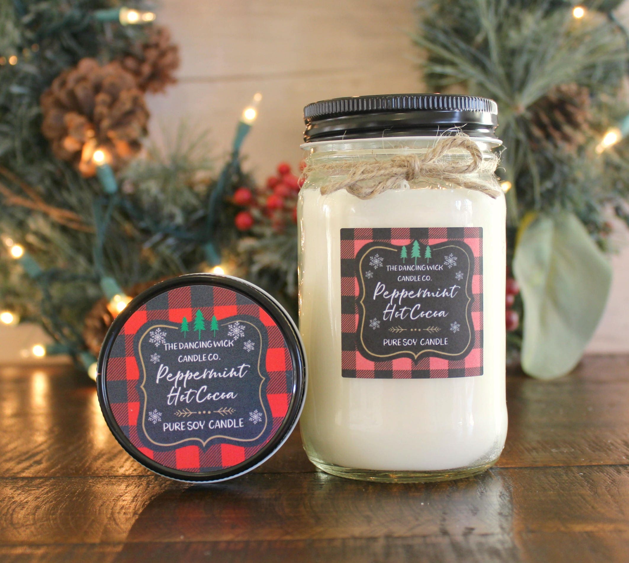 Peppermint Hot Cocoa Soy Candle / Red Plaid Candle / Holiday Candle / Christmas Gift / Christmas Decor / Mason Jar Candle / Hand poured