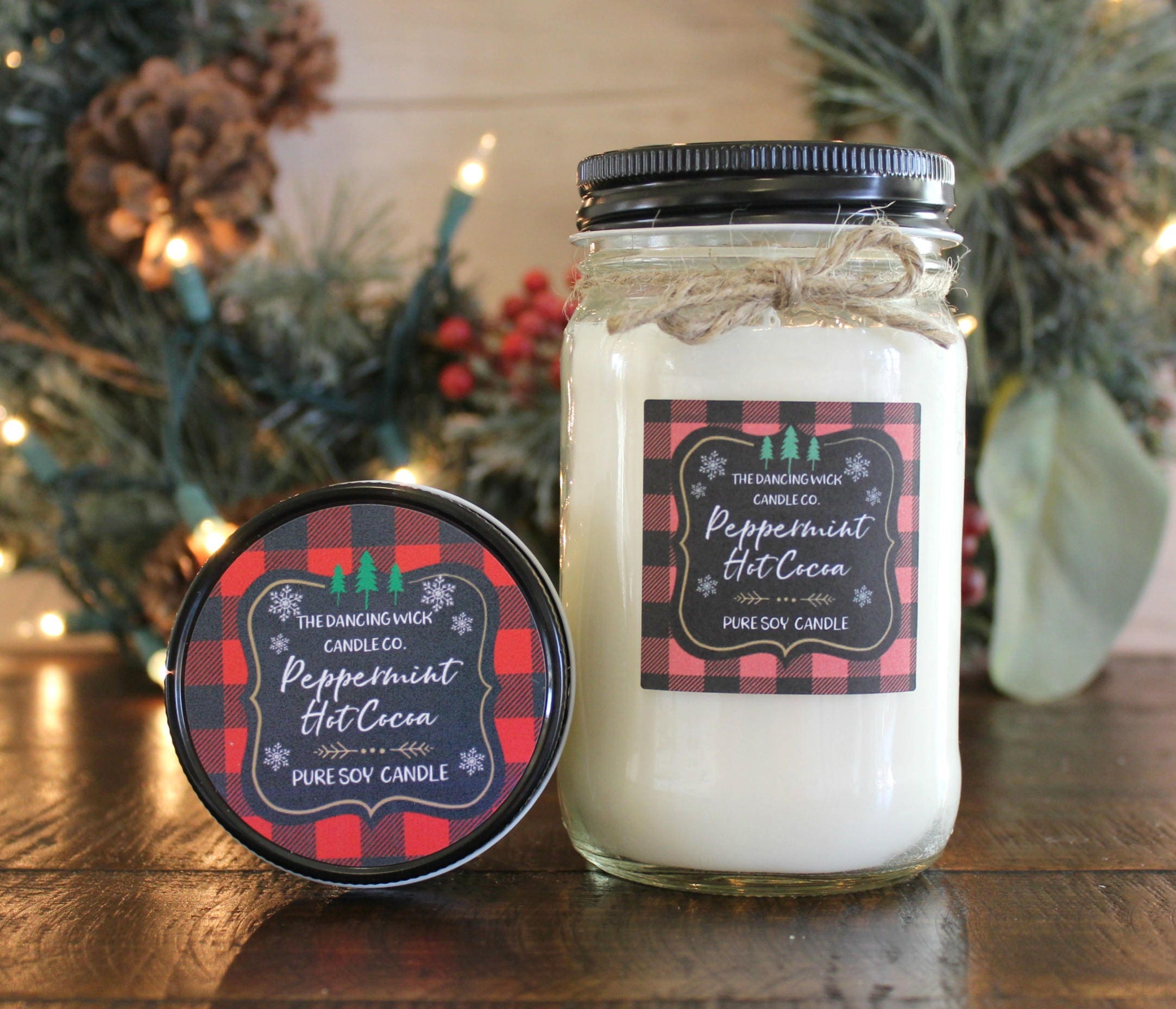 Peppermint Hot Cocoa Soy Candle / Red Plaid Candle / Holiday Candle / Christmas Gift / Christmas Decor / Mason Jar Candle / Hand poured