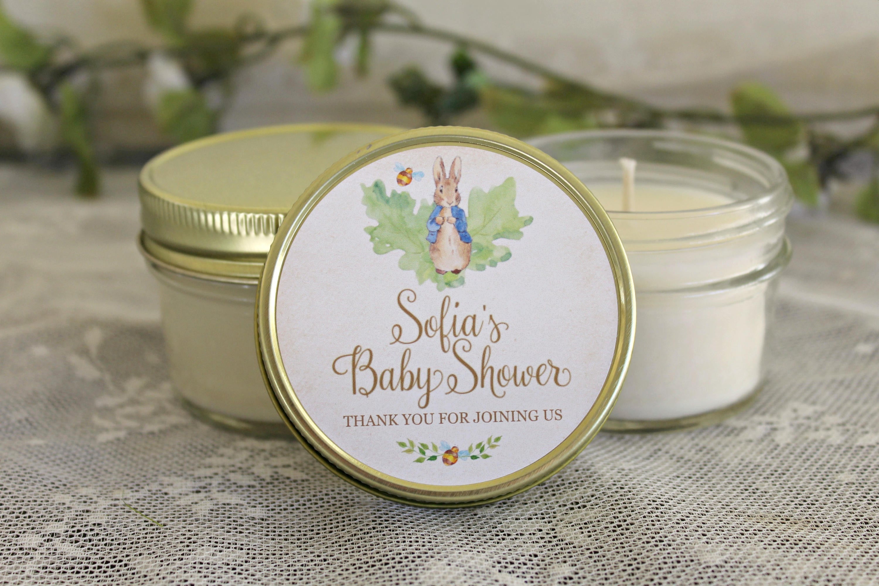 Peter Rabbit Favor / Baby Shower Favor / Personalized 4oz Soy Candle Favors / Gender Neutral Baby Shower / Girl Baby Shower /Boy Baby Shower