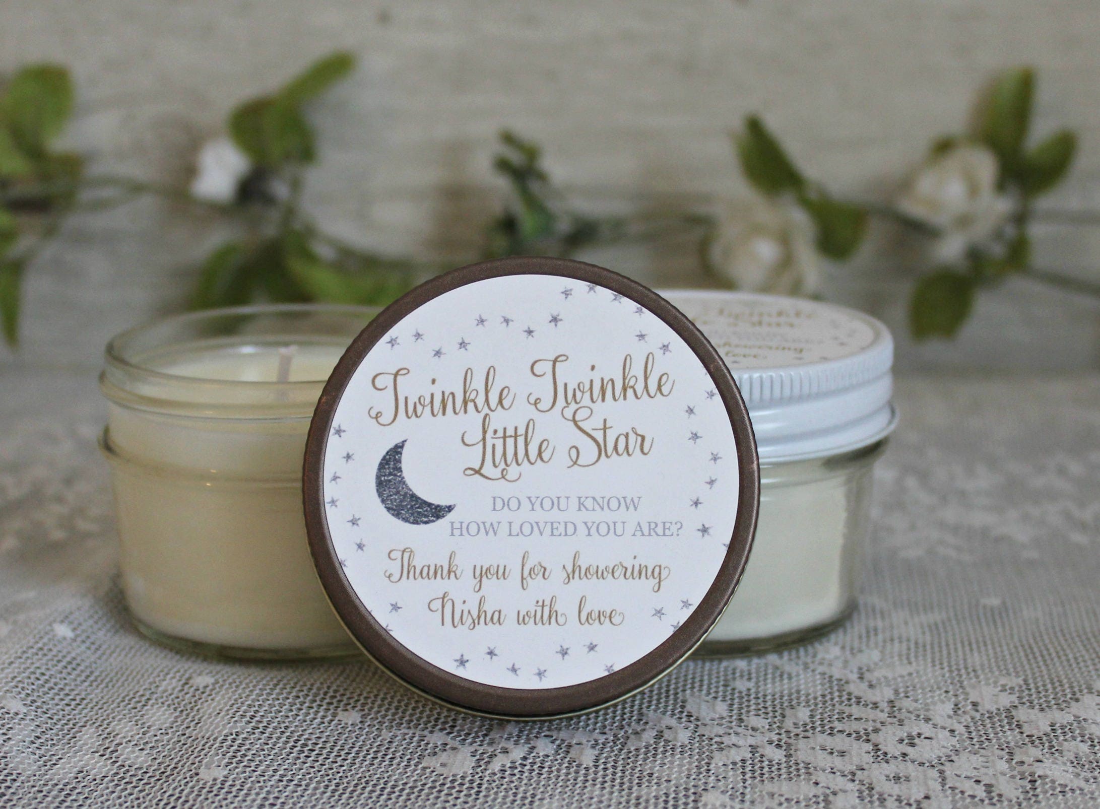 Twinkle Twinkle Little Star Baby Shower Favor / 4 oz Soy Candle Favor / Do you know how loved you are? / Gold & Silver Favor