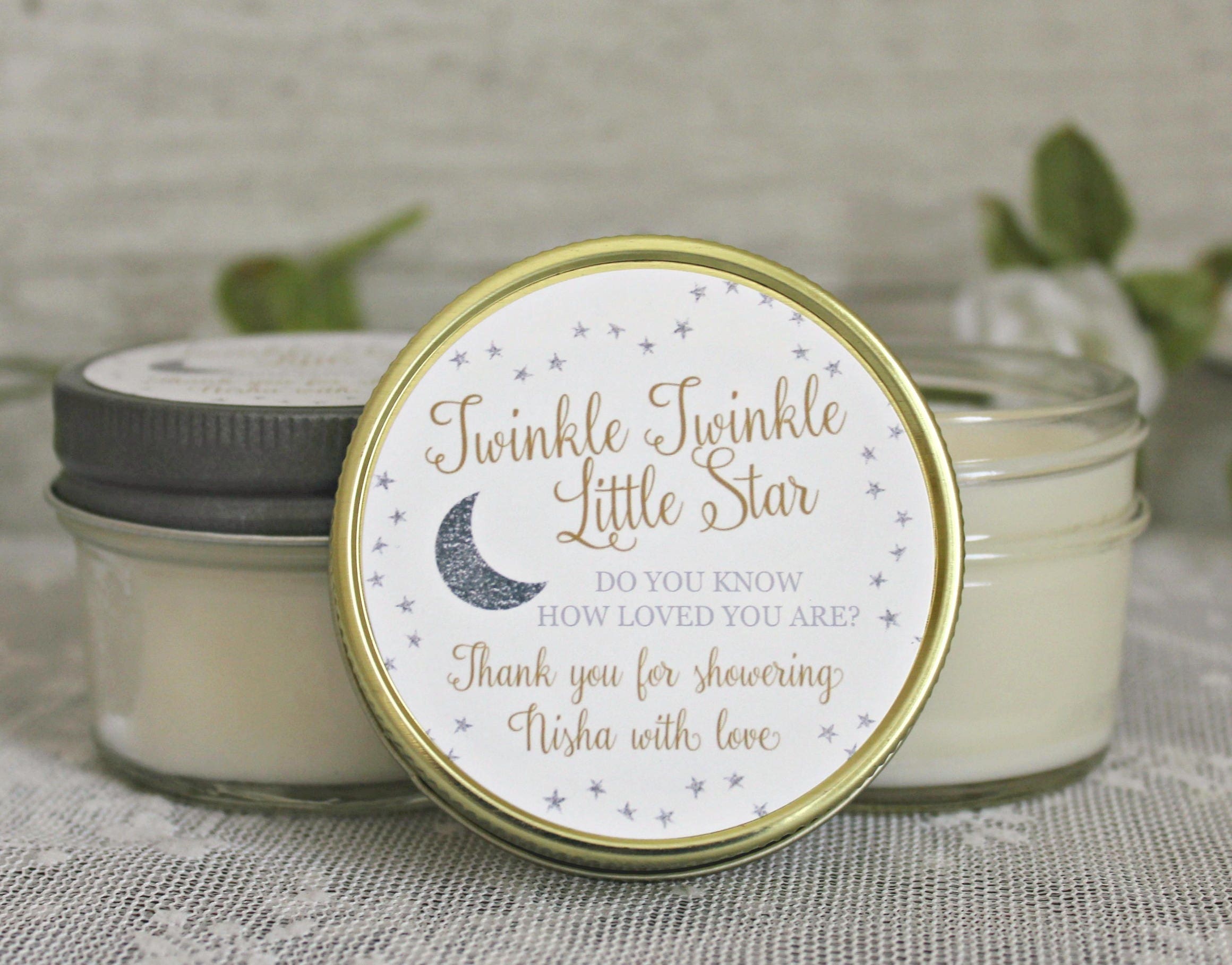 Twinkle Twinkle Little Star Baby Shower Favor / 4 oz Soy Candle Favor / Do you know how loved you are? / Gold & Silver Favor