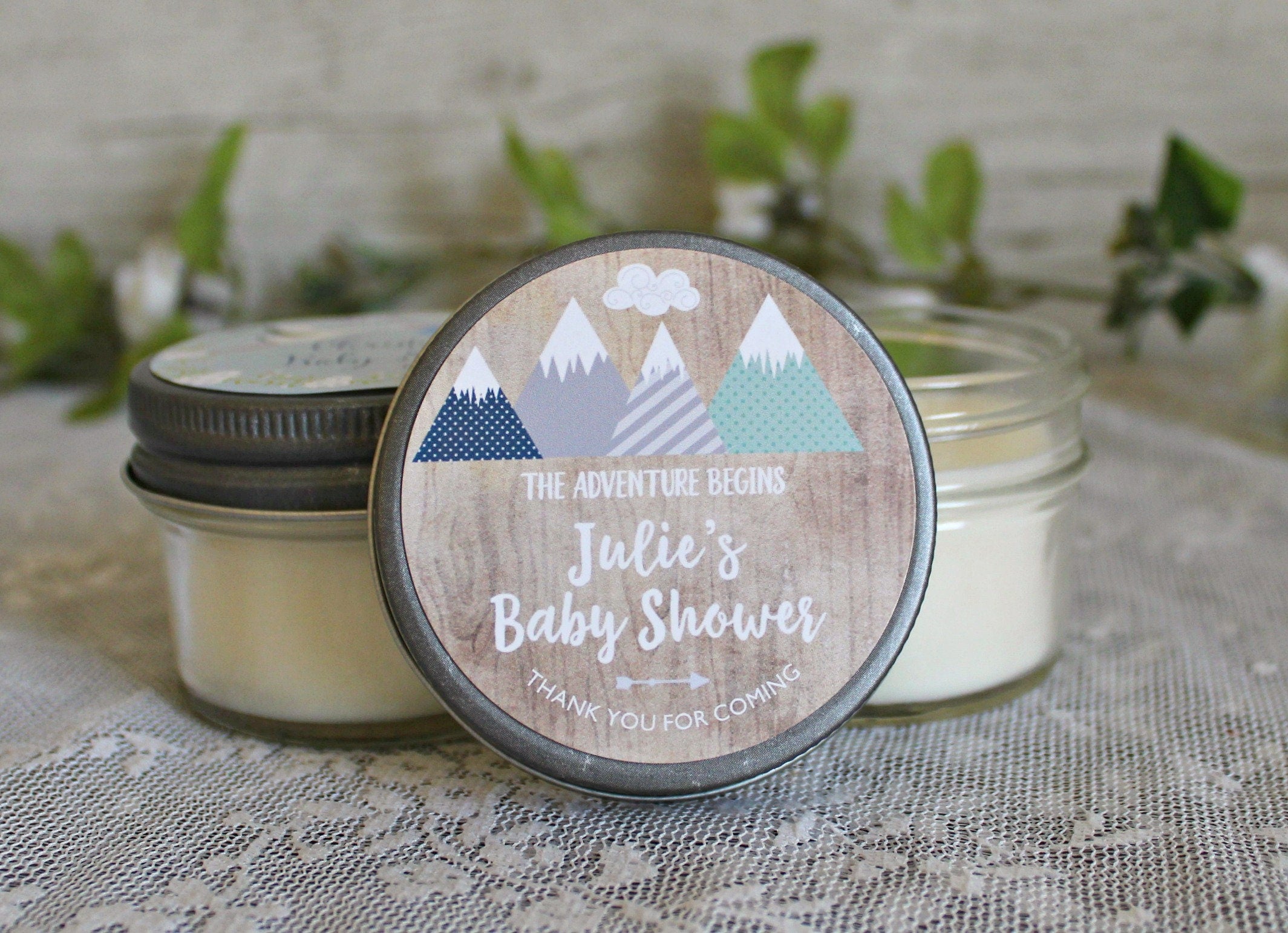 Adventure Baby Shower Favor / Personalized 4 oz Soy Candle Favors / Mountain Baby Shower / Boy Baby Shower / Gender Neutral Baby Shower
