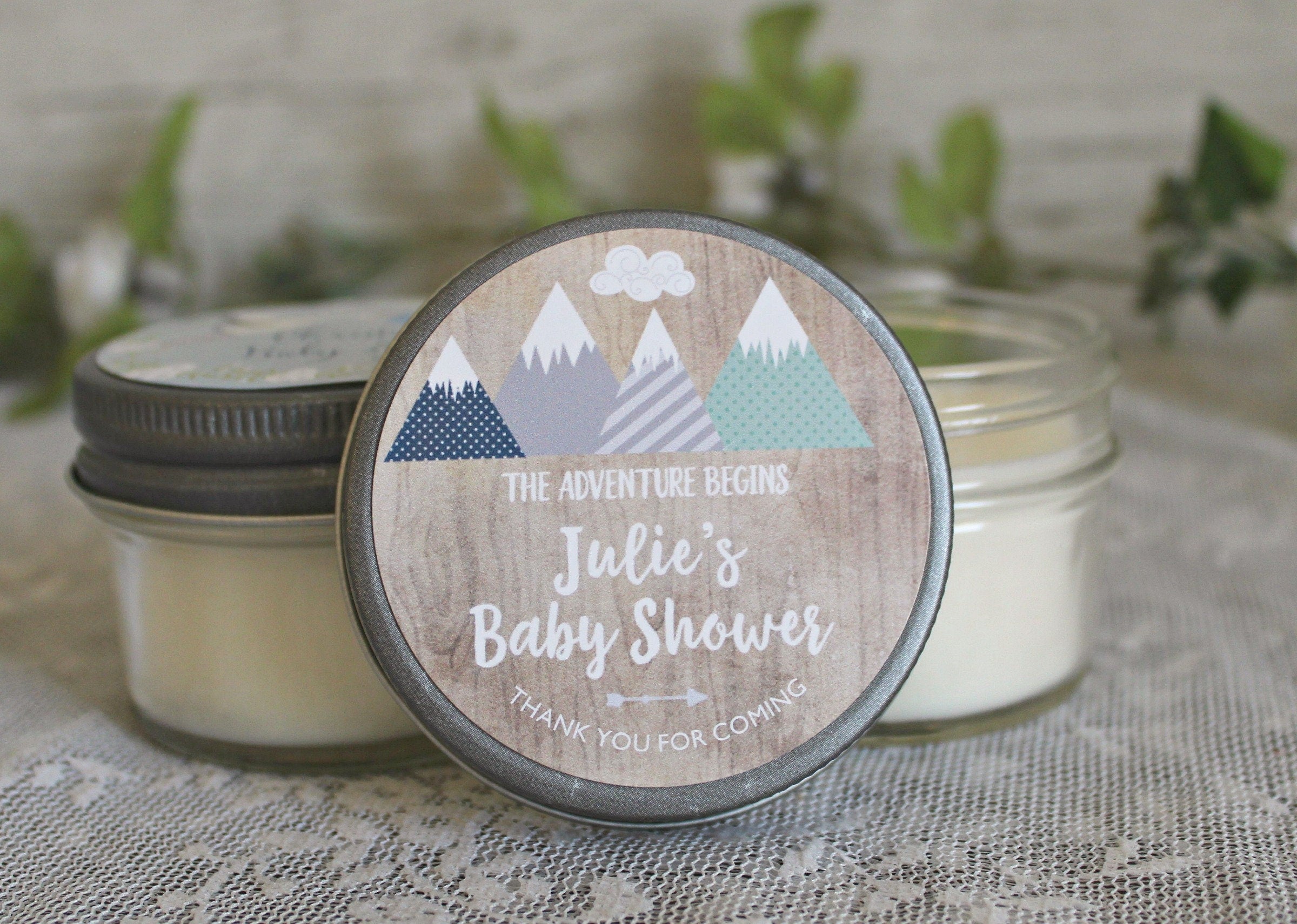 Adventure Baby Shower Favor / Personalized 4 oz Soy Candle Favors / Mountain Baby Shower / Boy Baby Shower / Gender Neutral Baby Shower