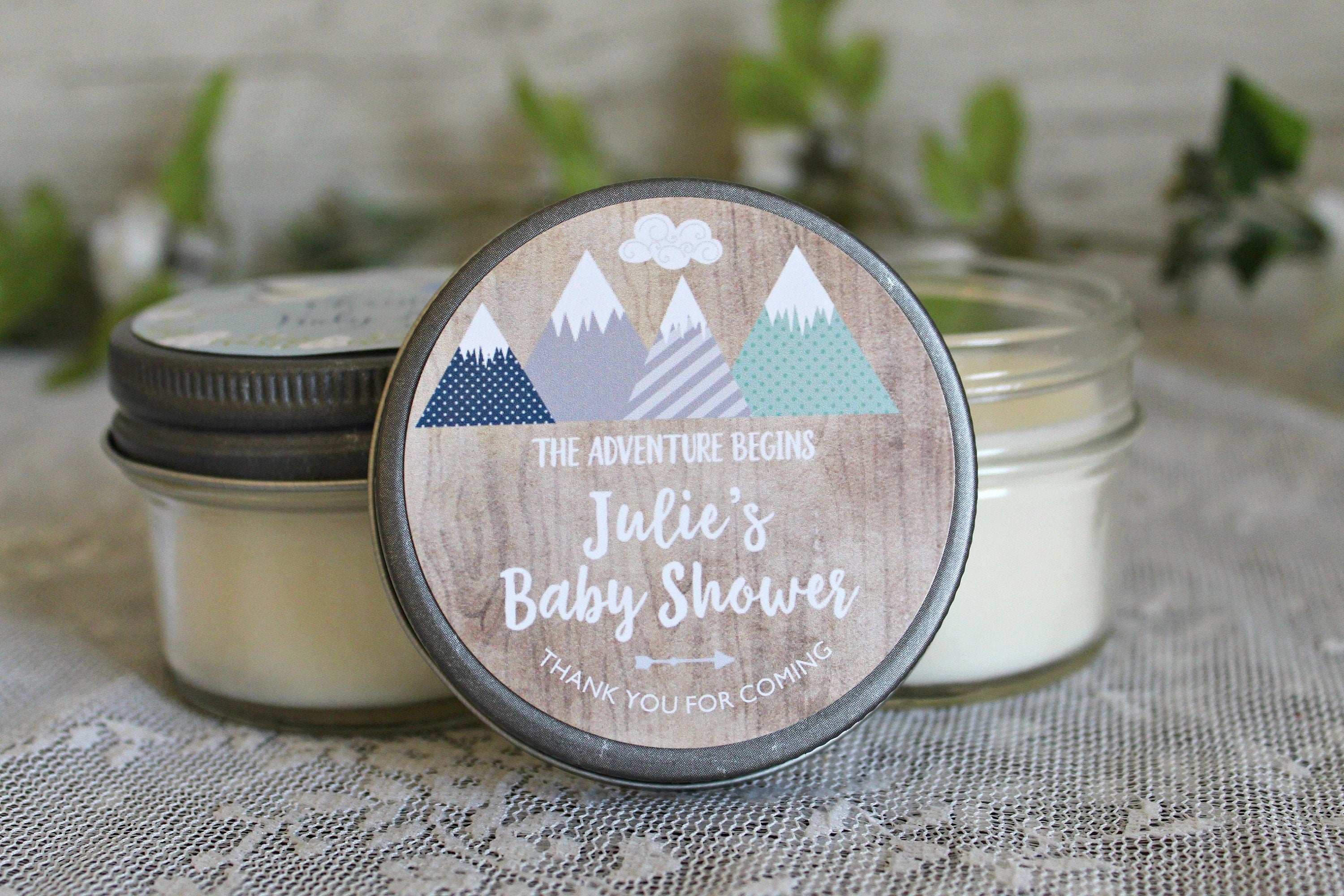 Adventure Baby Shower Favor / Personalized 4 oz Soy Candle Favors / Mountain Baby Shower / Boy Baby Shower / Gender Neutral Baby Shower