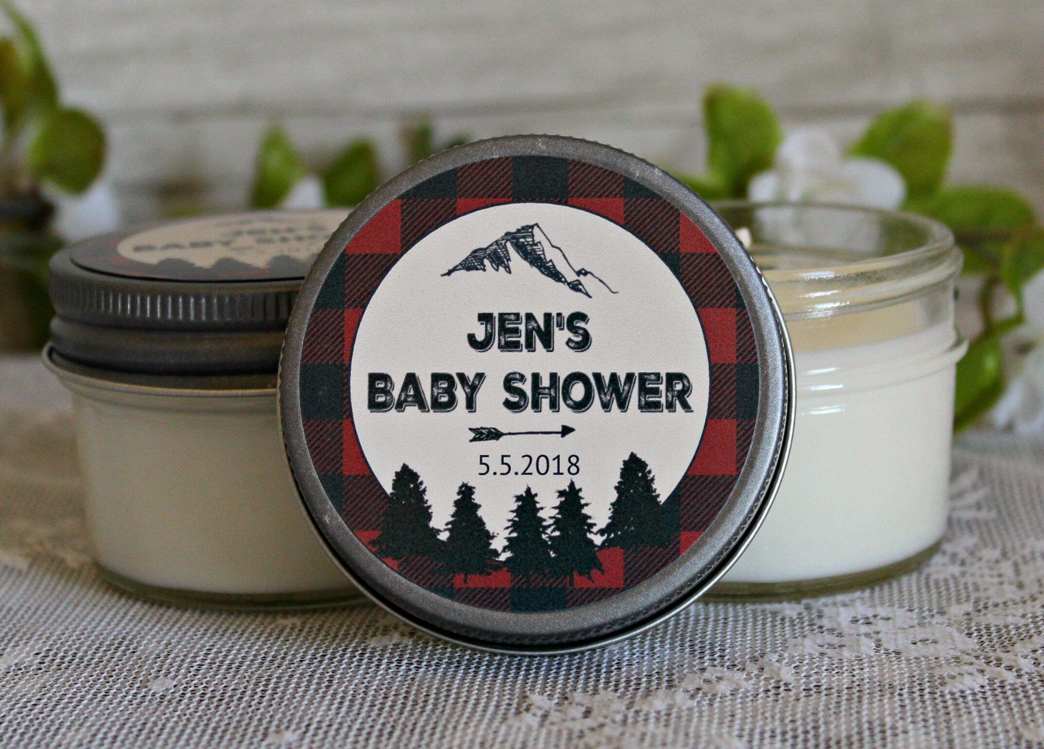 Lumberjack Baby Shower Favor / Personalized 4 oz Soy Candle Favors / Sugar Scrub Favor / Mountain Baby Shower / Buffalo Plaid Party Favor