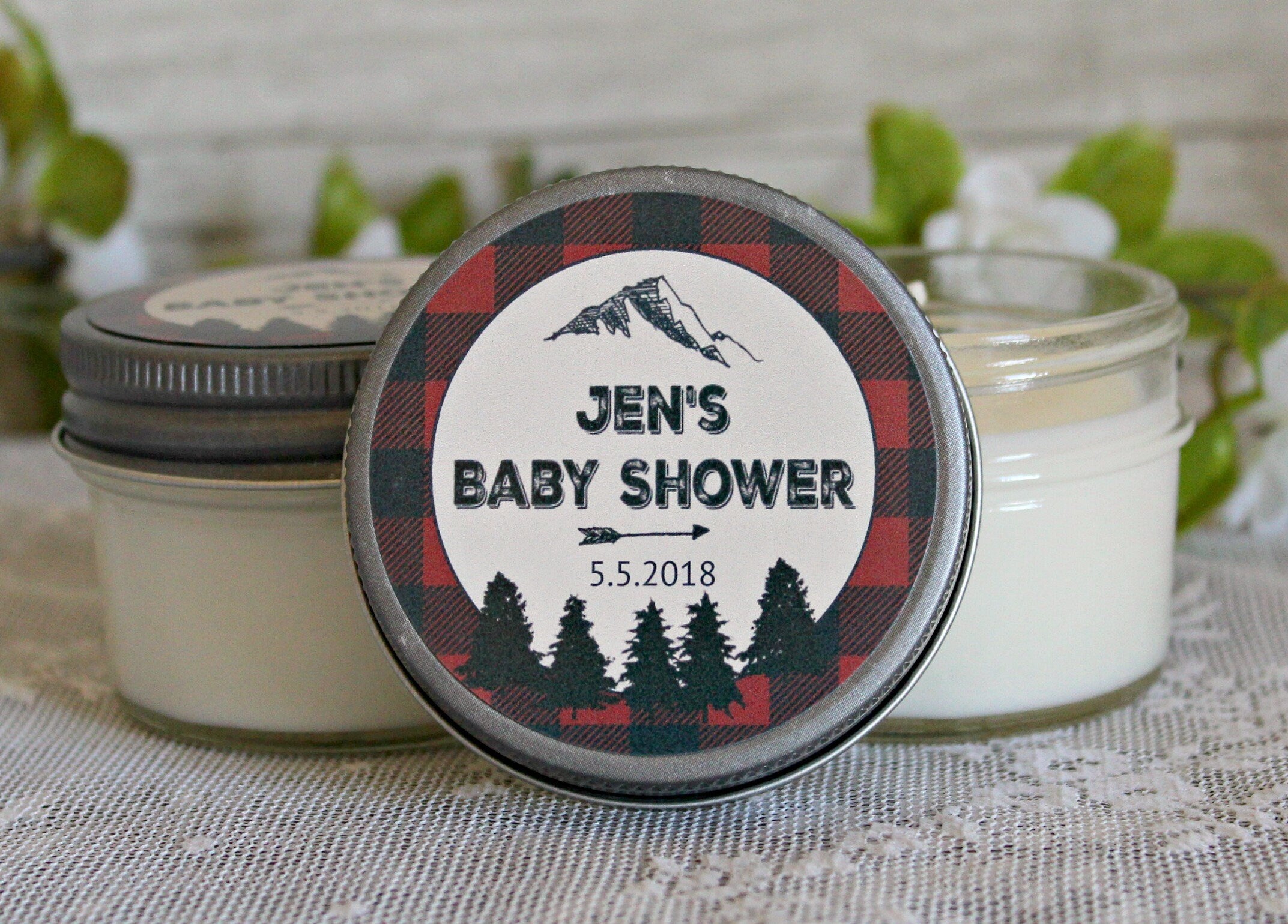 Lumberjack Baby Shower Favor / Personalized 4 oz Soy Candle Favors / Sugar Scrub Favor / Mountain Baby Shower / Buffalo Plaid Party Favor