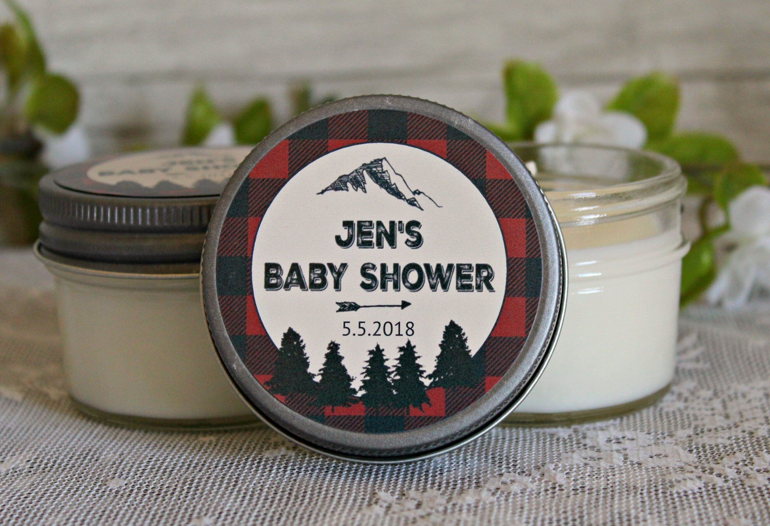 Lumberjack Baby Shower Favor / Personalized 4 oz Soy Candle Favors / Sugar Scrub Favor / Mountain Baby Shower / Buffalo Plaid Party Favor
