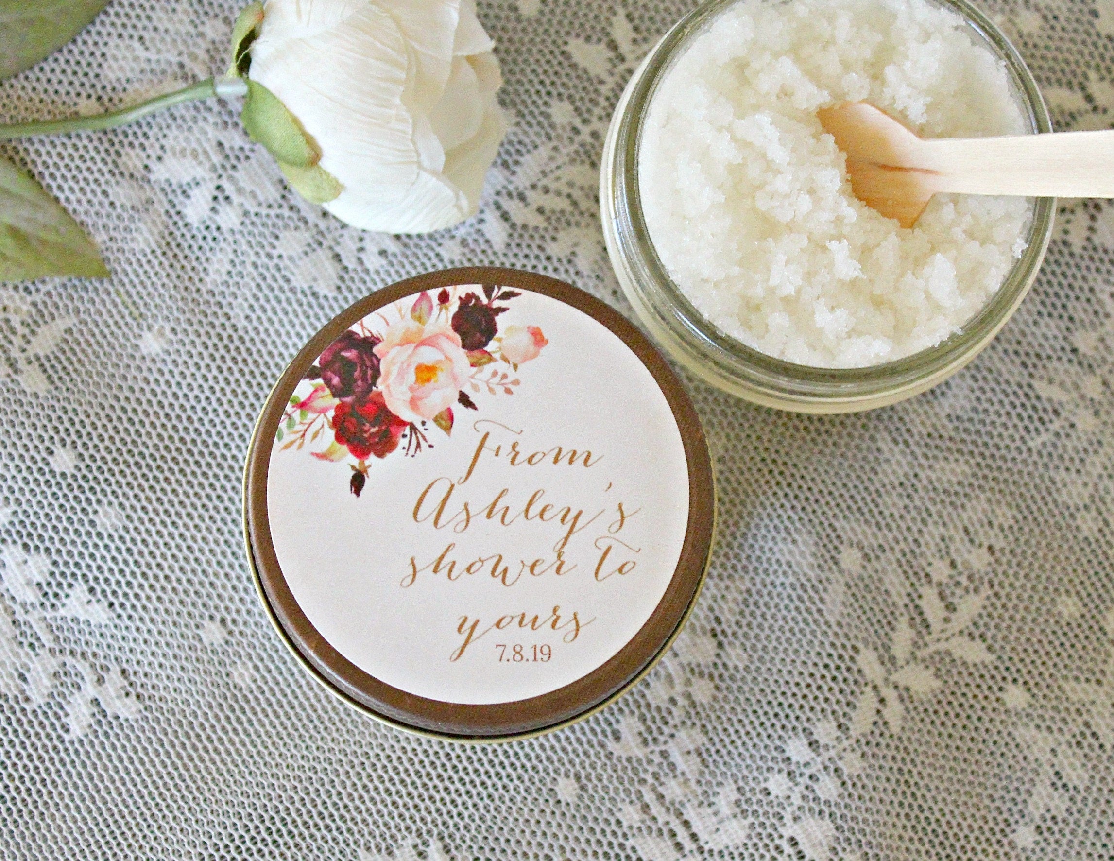 Burgundy & Blush Baby Shower Favor / Personalized 4 oz Sugar Scrubs / From My Shower To Yours / Floral Baby Shower Favor /