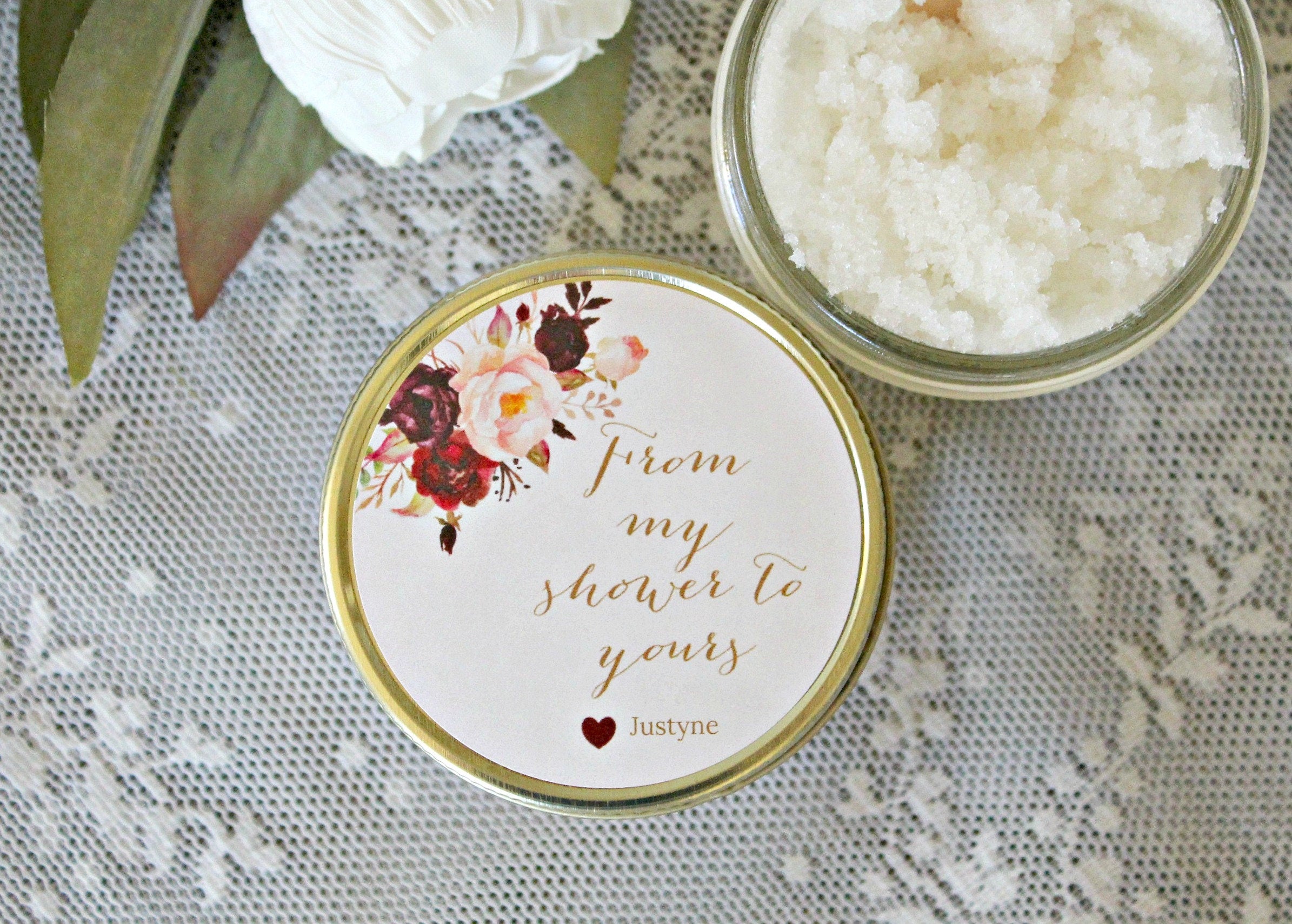 Burgundy & Blush Baby Shower Favor / Personalized 4 oz Sugar Scrubs / From My Shower To Yours / Floral Baby Shower Favor /