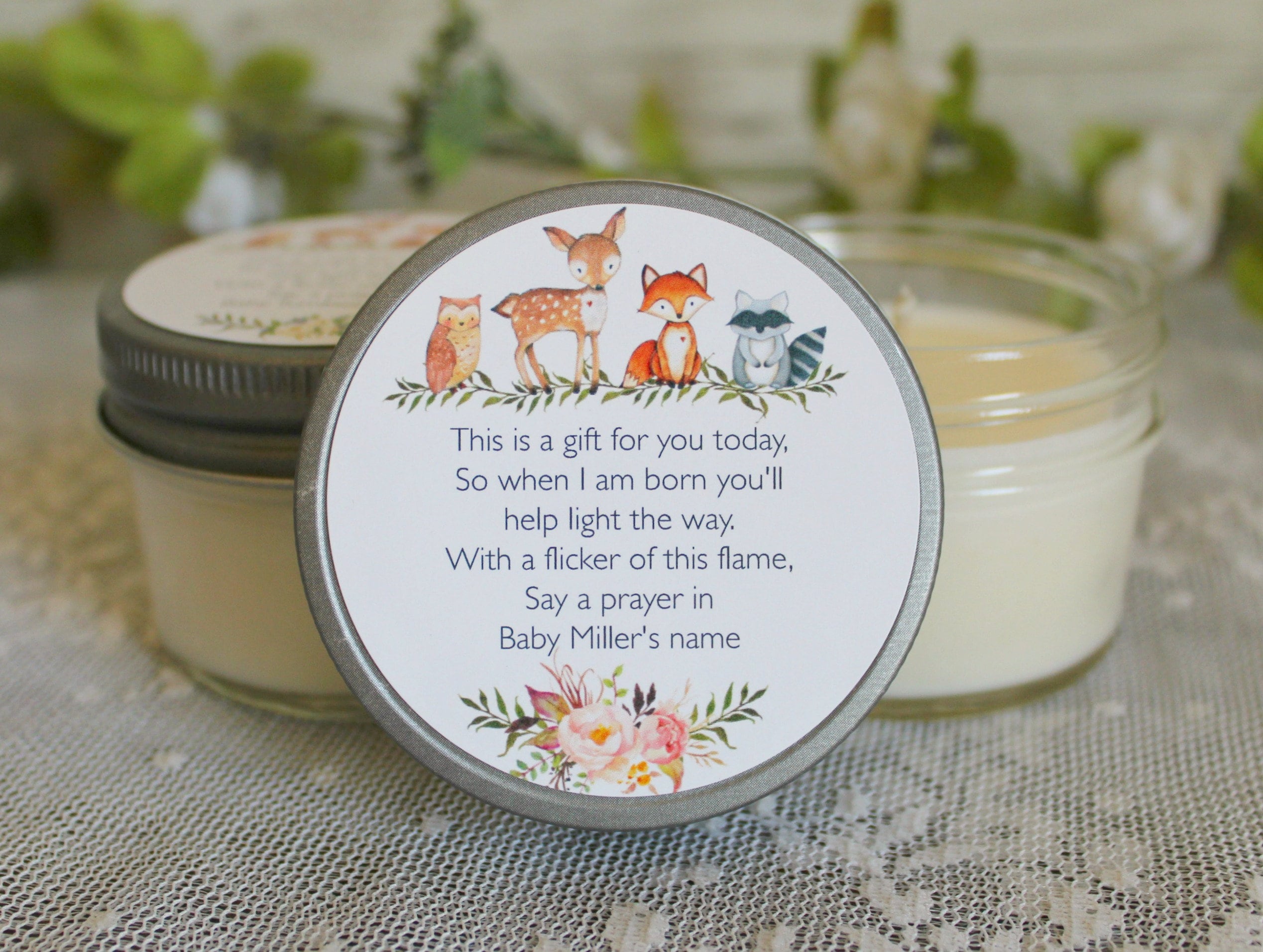 Woodland Baby Shower Favors / Personalized 4oz Candle Favors / Woodland Favors / Fox Favors / Deer Favors / Gender Neutral /Baby Shower Poem