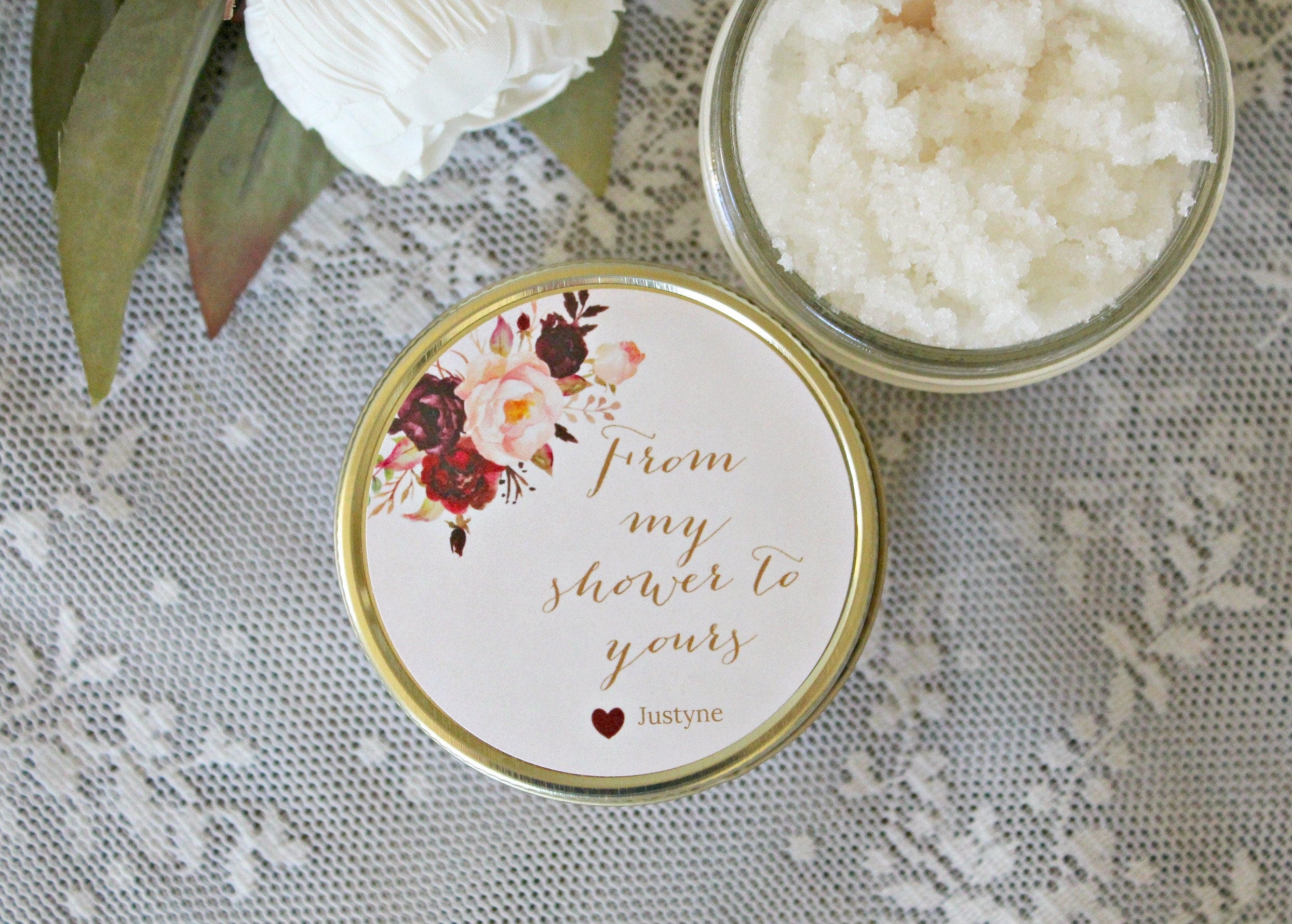 Burgundy & Blush Baby Shower Favor / Personalized 4 oz Sugar Scrubs / From My Shower To Yours / Floral Baby Shower Favor /