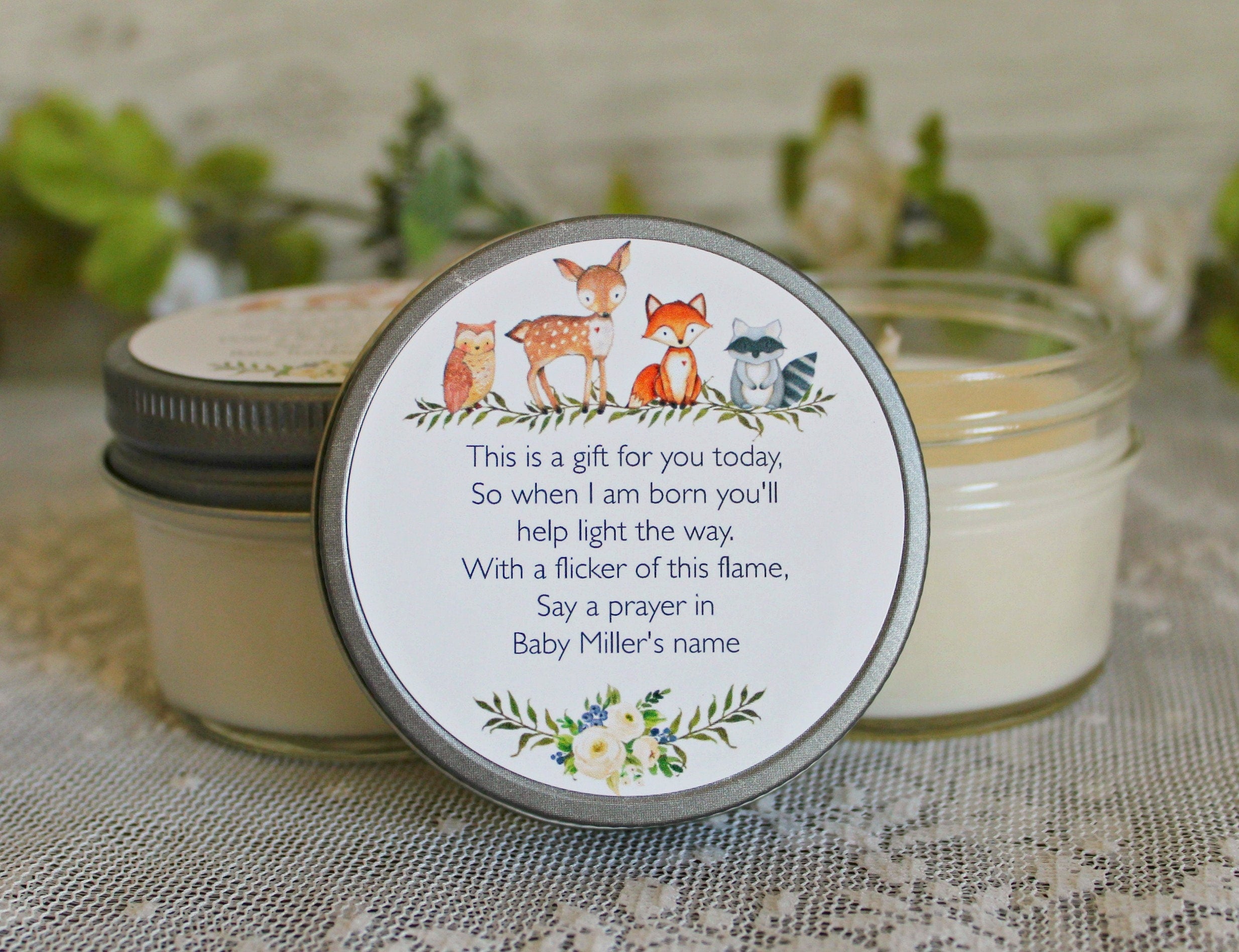 Woodland Baby Shower Favors / Personalized 4oz Candle Favors / Woodland Favors / Fox Favors / Deer Favors / Gender Neutral /Baby Shower Poem