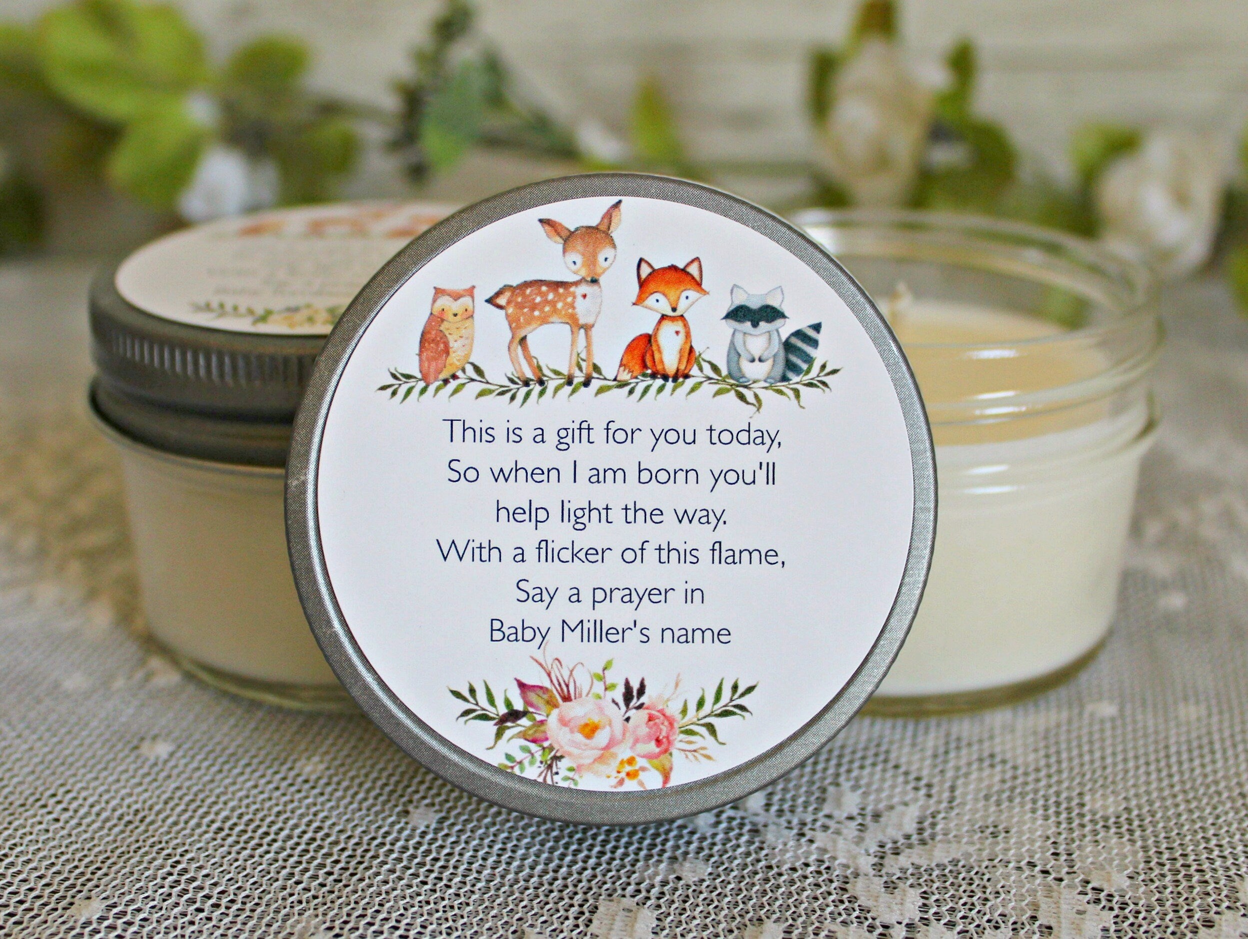 Woodland Baby Shower Favors / Personalized 4oz Candle Favors / Woodland Favors / Fox Favors / Deer Favors / Gender Neutral /Baby Shower Poem