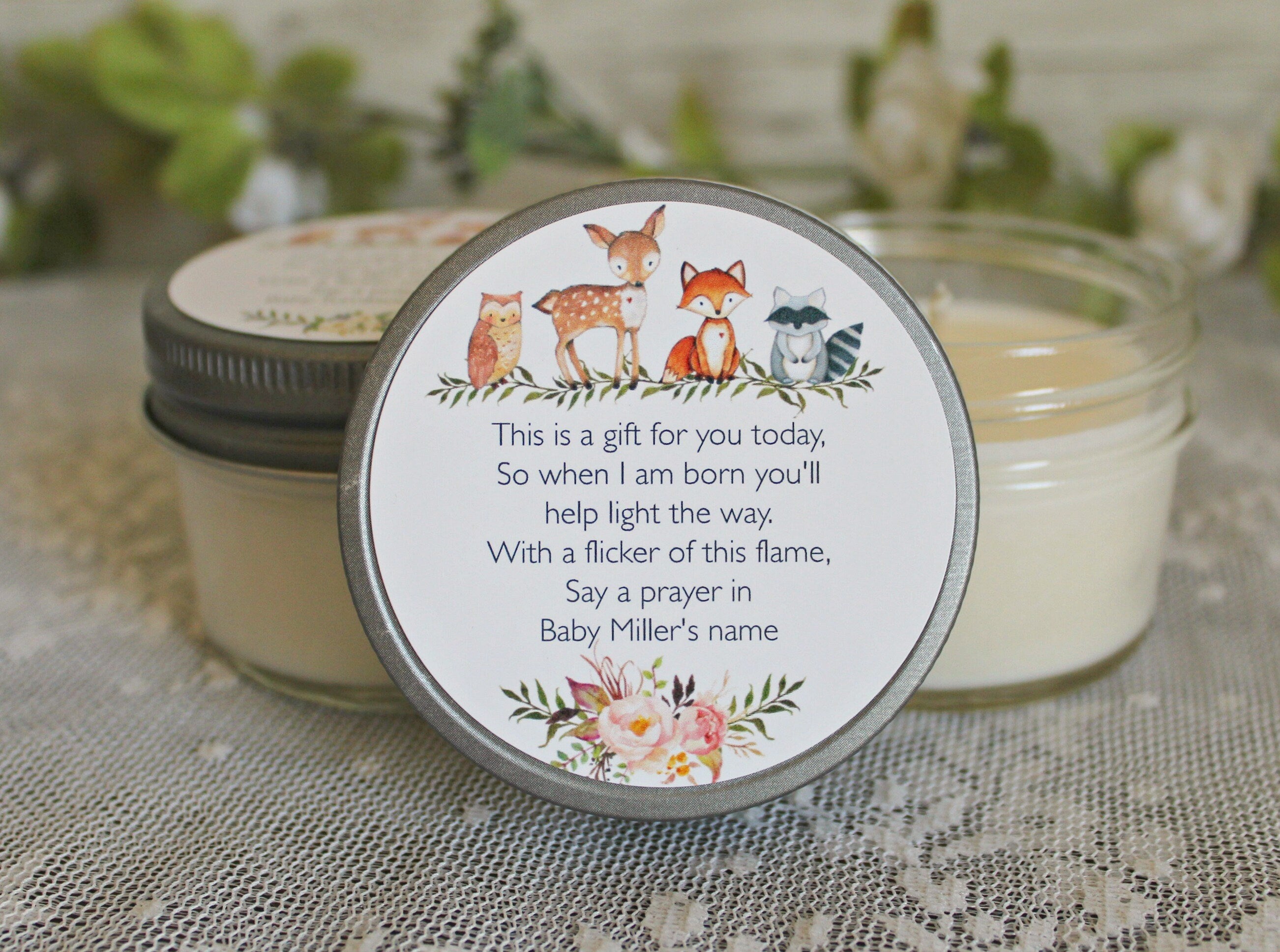 Woodland Baby Shower Favors / Personalized 4oz Candle Favors / Woodland Favors / Fox Favors / Deer Favors / Gender Neutral /Baby Shower Poem