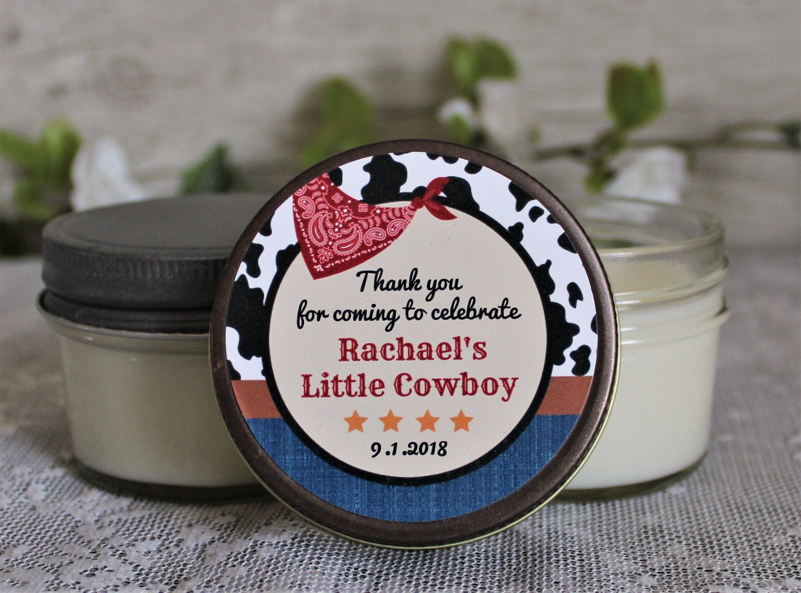 Cowboy Baby Shower Favor / Personalzied 4 oz candle Favors / Boy Baby Shower / Cowgirl Favor / Cowboy Birthday Favor / Western Baby Shower