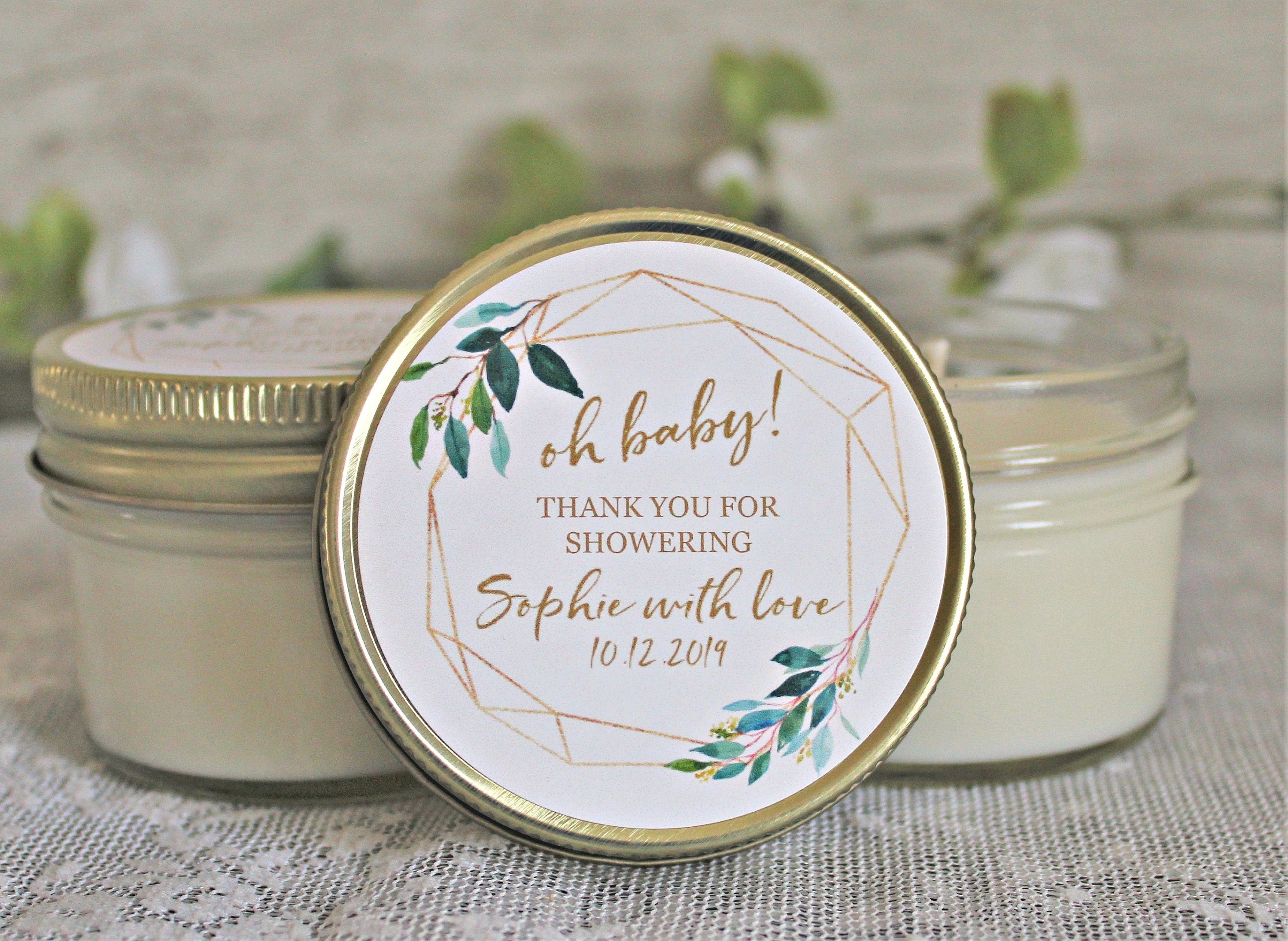 Gold & Greenery Baby Shower Favors / 4 oz Soy Candle or Sugar Scrub / Oh Baby Shower / Gender Neutral Baby Shower / Modern Baby Shower