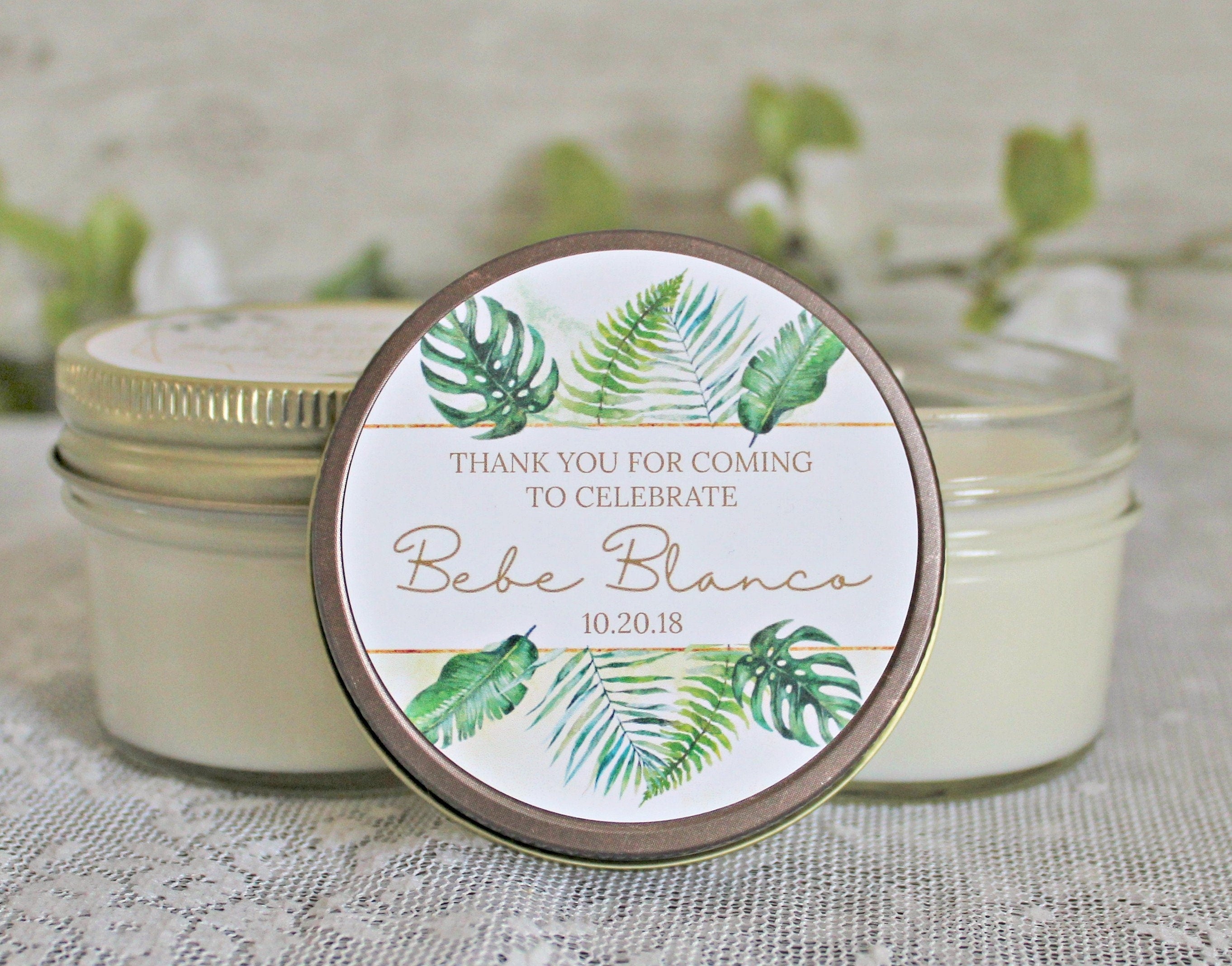 Tropical Baby Shower Favor / 4 oz Soy Candle or Sugar Scrub / Safari Baby Shower / Girl Baby Shower / Boy Baby Shower / Gender Neutral Baby
