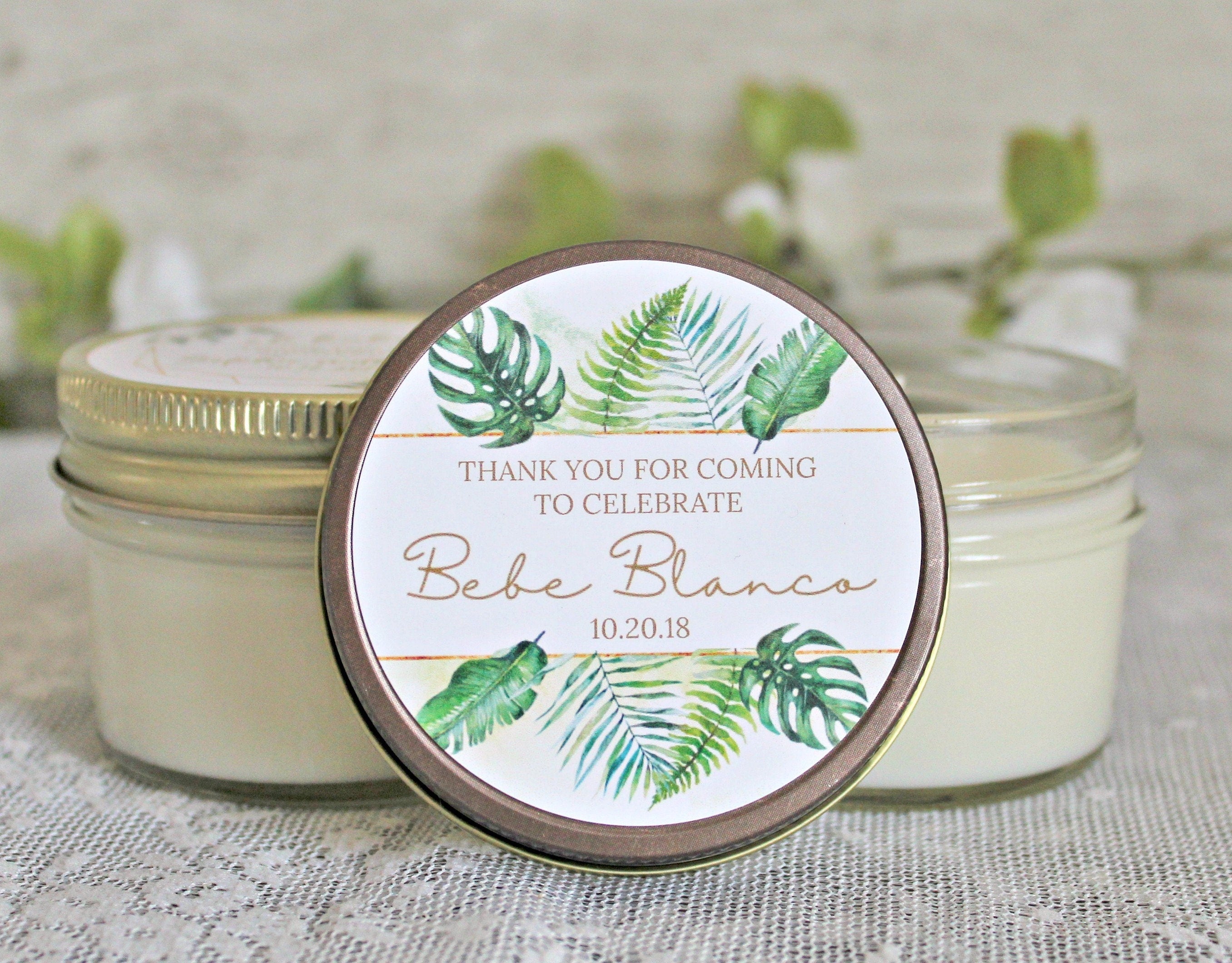 Tropical Baby Shower Favor / 4 oz Soy Candle or Sugar Scrub / Safari Baby Shower / Girl Baby Shower / Boy Baby Shower / Gender Neutral Baby