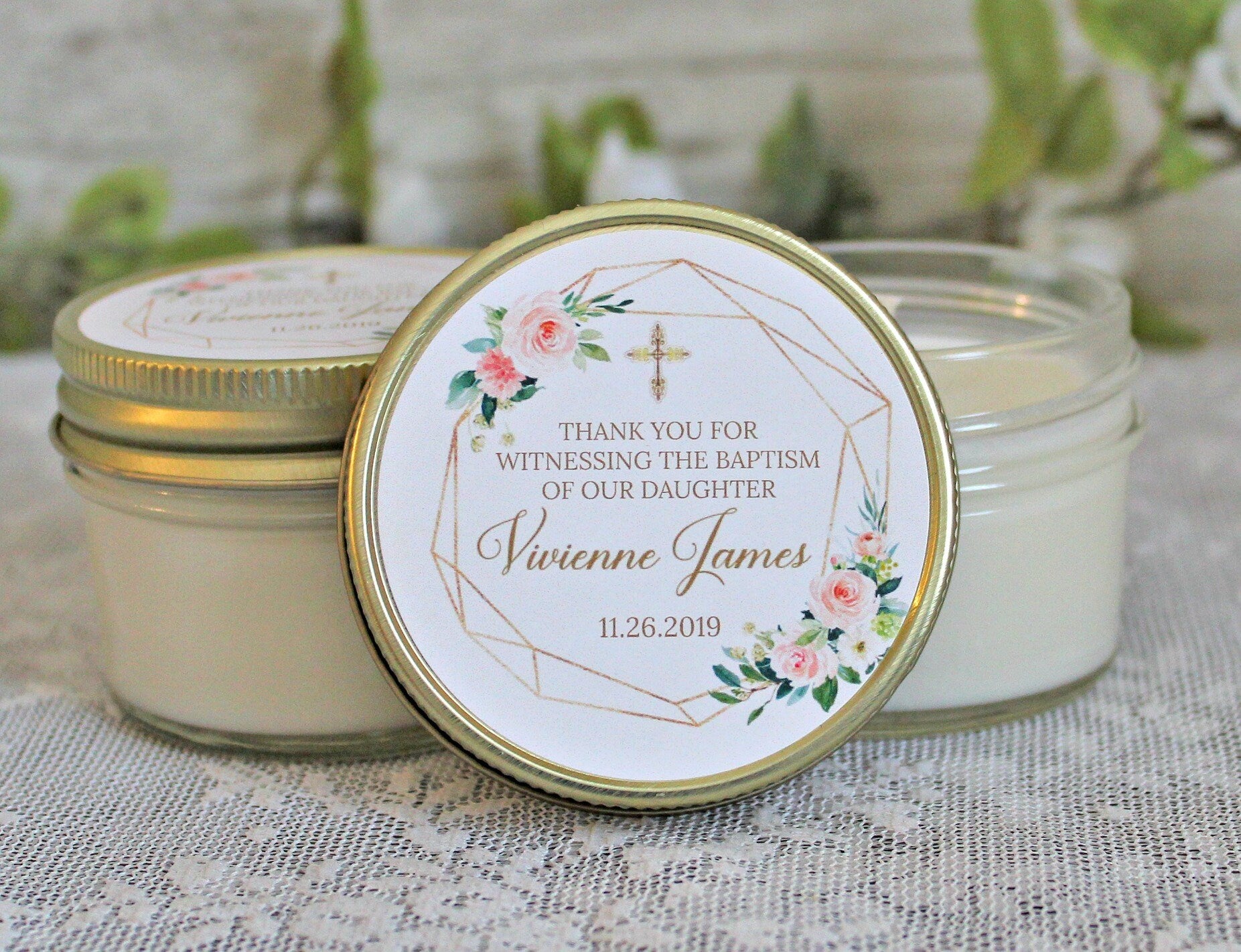 Blush, Gold & Greenery Baptism Favors / 4 oz - Soy Candle Favors / Girl Baptism / Communion Favor / Baby Baptism Favor