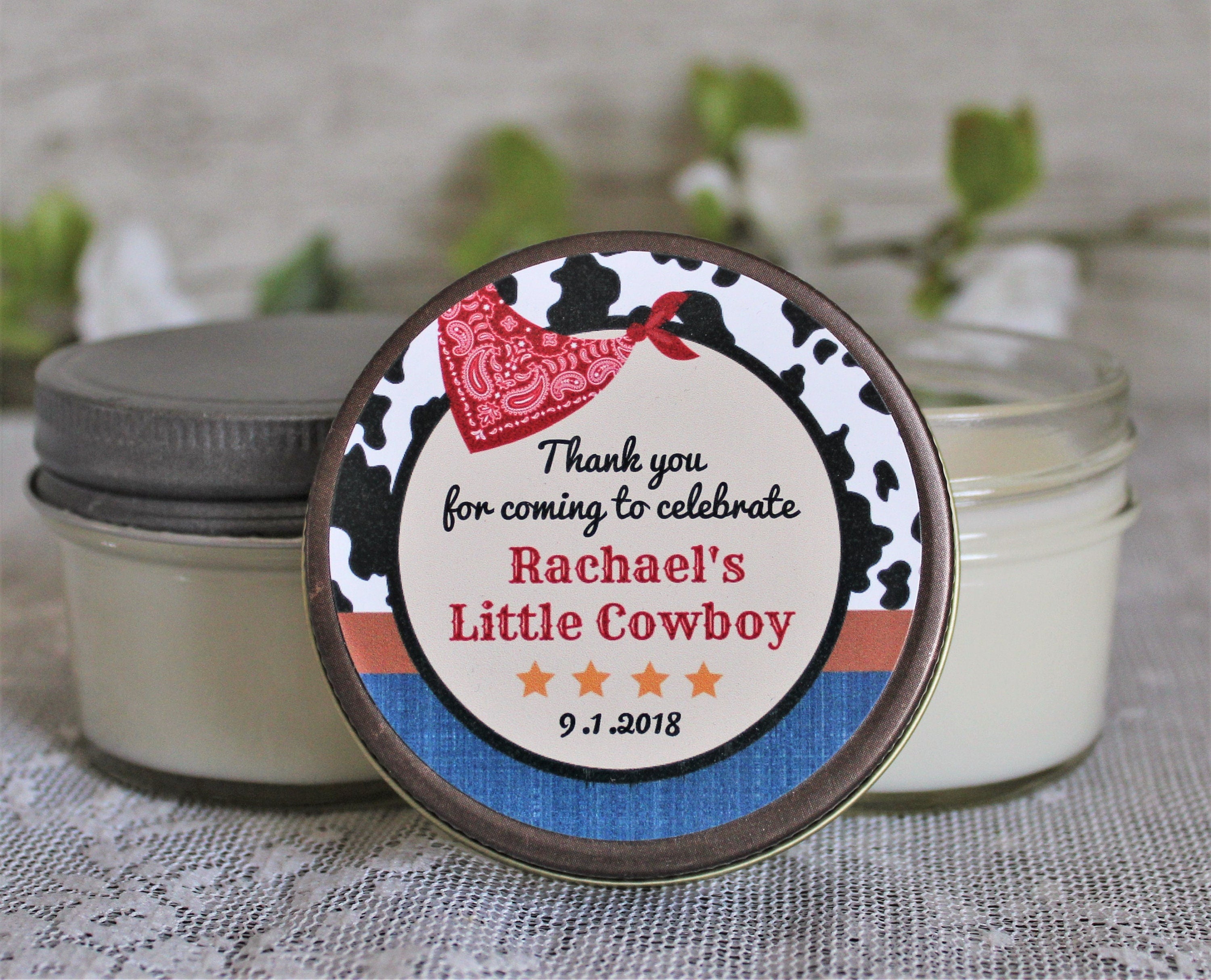 Cowboy Baby Shower Favor / Personalzied 4 oz candle Favors / Boy Baby Shower / Cowgirl Favor / Cowboy Birthday Favor / Western Baby Shower