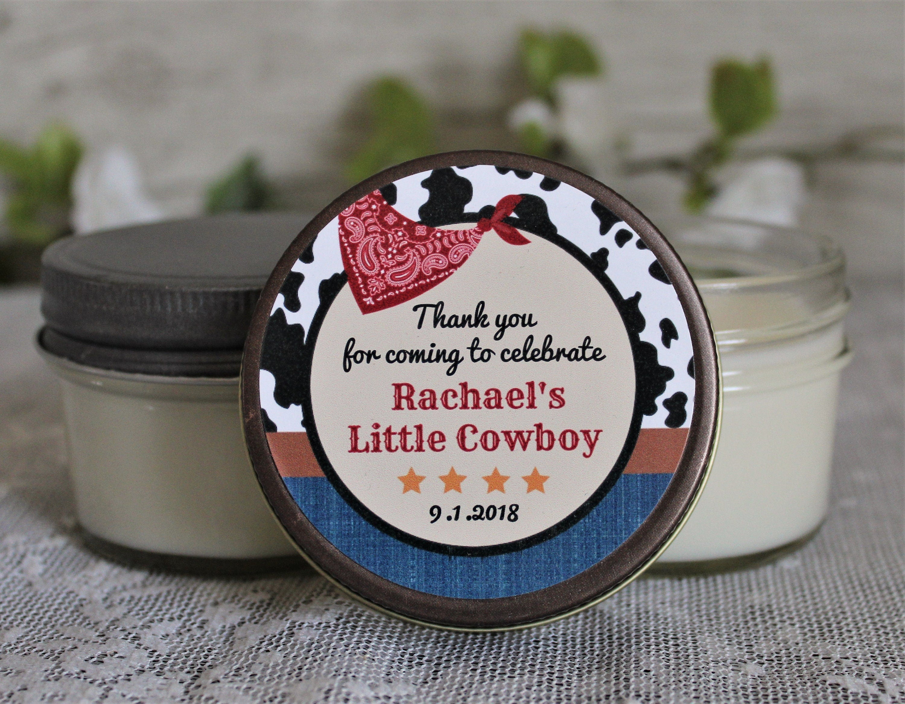 Cowboy Baby Shower Favor / Personalzied 4 oz candle Favors / Boy Baby Shower / Cowgirl Favor / Cowboy Birthday Favor / Western Baby Shower
