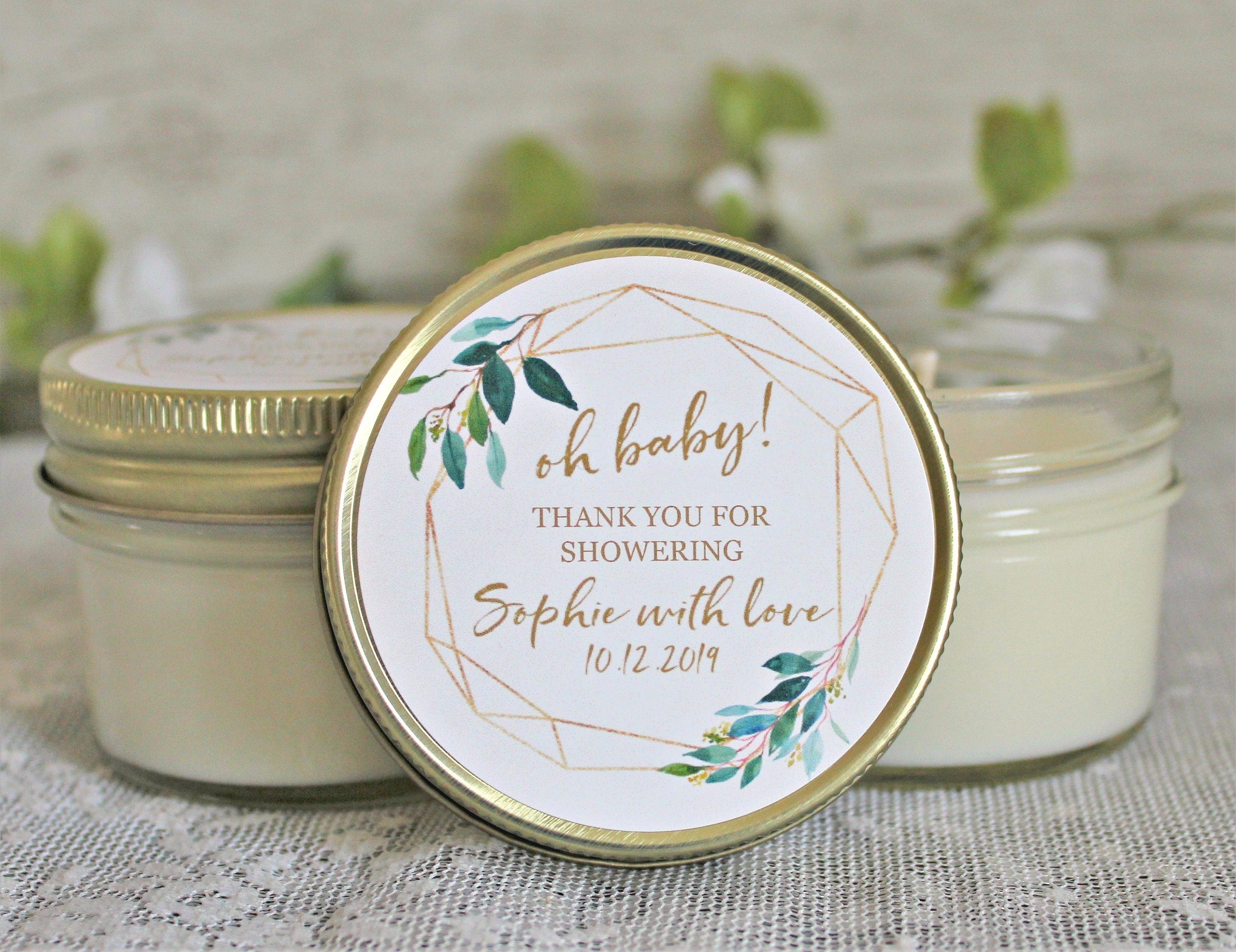Gold & Greenery Baby Shower Favors / 4 oz Soy Candle or Sugar Scrub / Oh Baby Shower / Gender Neutral Baby Shower / Modern Baby Shower