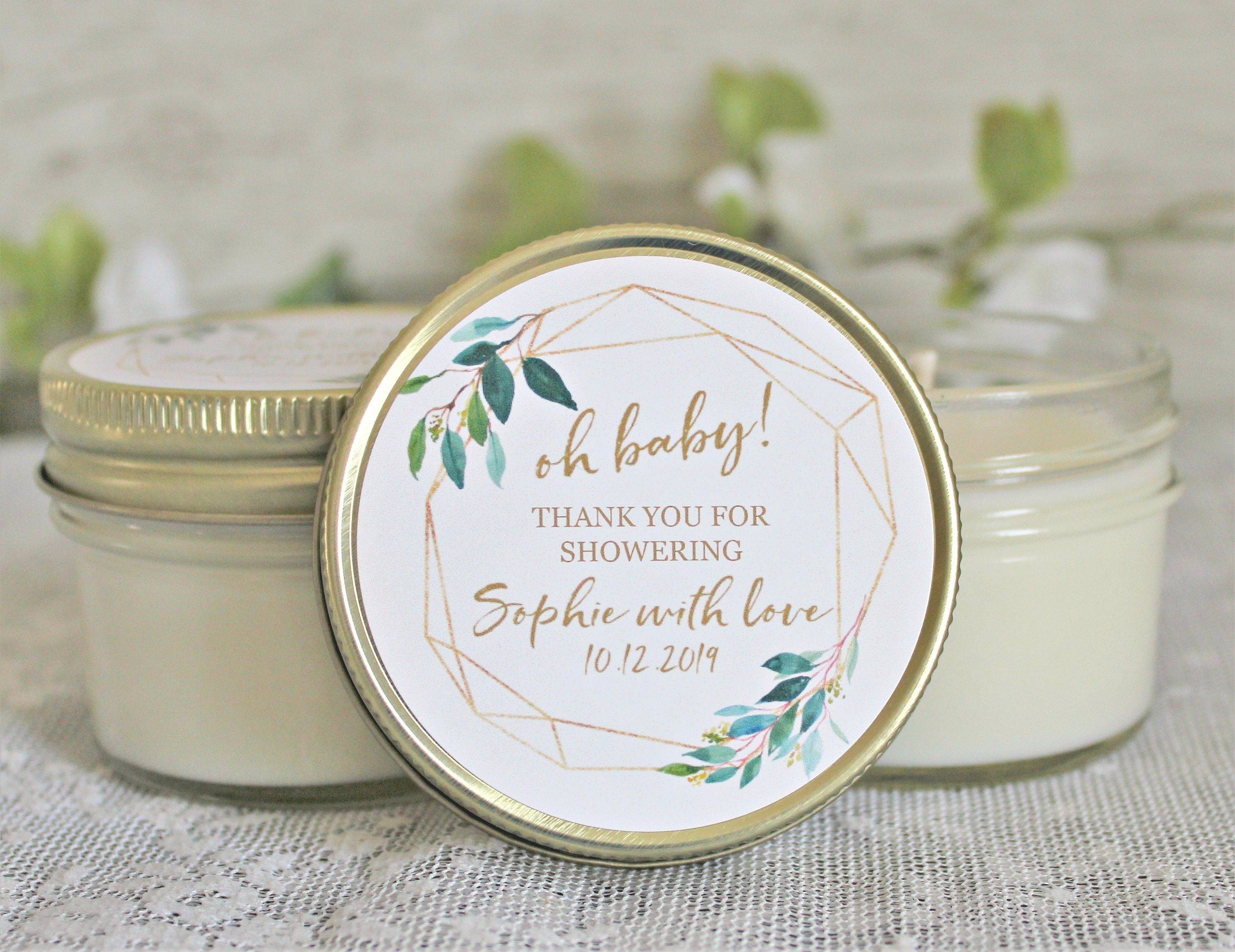 Gold & Greenery Baby Shower Favors / 4 oz Soy Candle or Sugar Scrub / Oh Baby Shower / Gender Neutral Baby Shower / Modern Baby Shower
