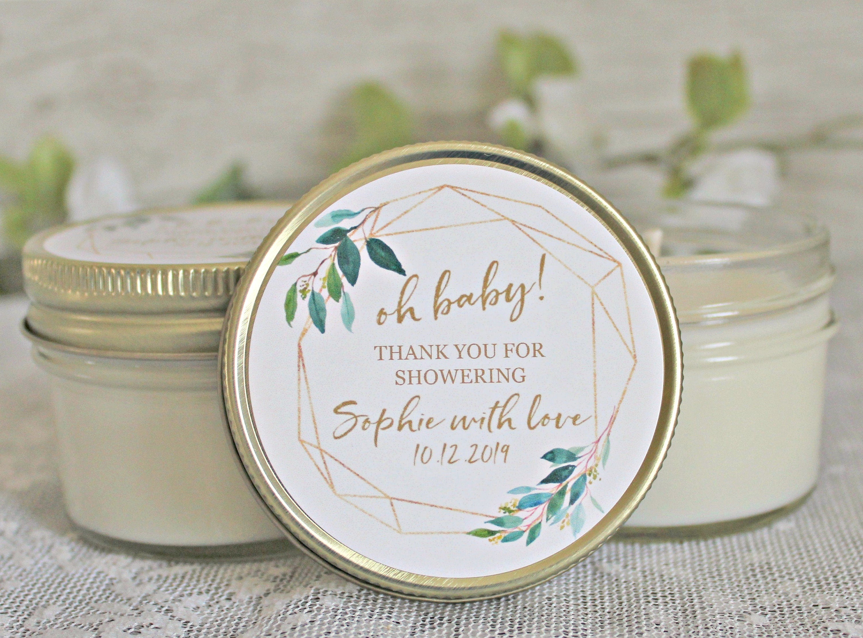 Gold & Greenery Baby Shower Favors / 4 oz Soy Candle or Sugar Scrub / Oh Baby Shower / Gender Neutral Baby Shower / Modern Baby Shower