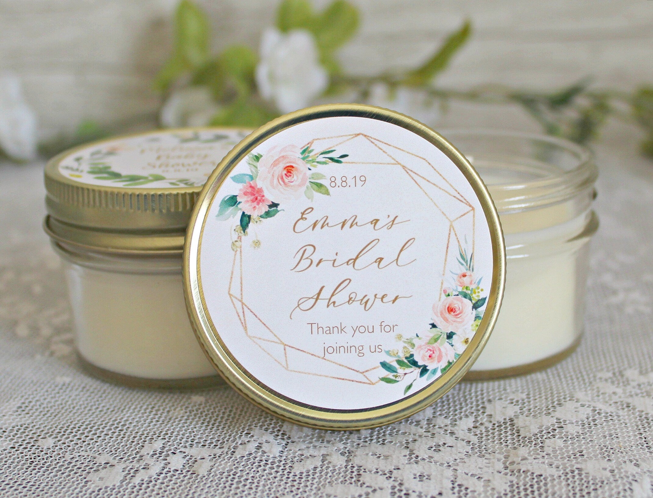 Blush & gold Bridal Shower favors / Personalized 4 oz favors / Personalized Favors / Candle Favors / Sugar Scrub Favors