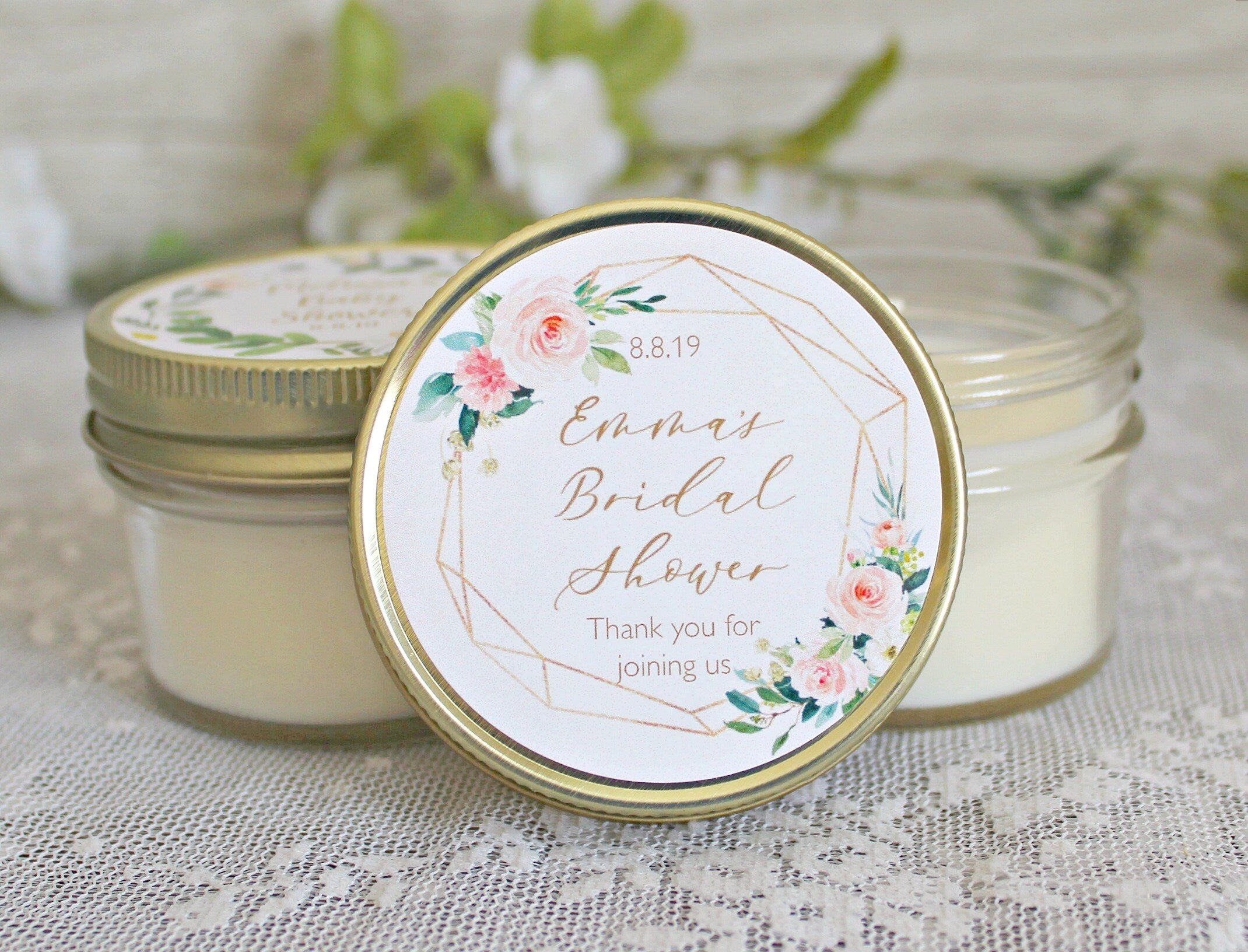 Blush & gold Bridal Shower favors / Personalized 4 oz favors / Personalized Favors / Candle Favors / Sugar Scrub Favors