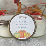 Thanksgiving Favor Candles / Grateful Hearts Gather Here / Thanksgiving Gift / Personalized 4 oz. Holiday Favor Candle / Fall Pumpkins