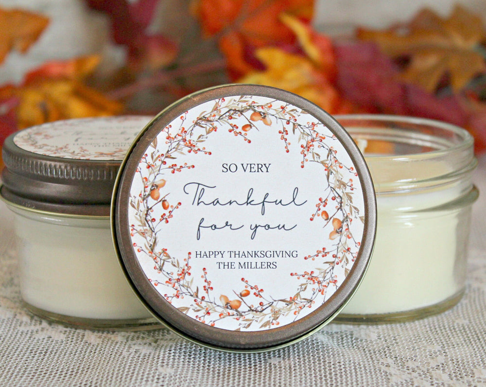 Thanksgiving Candle Favor / So very Thankful for you / Thanksgiving Table / Fall Candle / Hostess Gift / 4 oz. Candle Favors